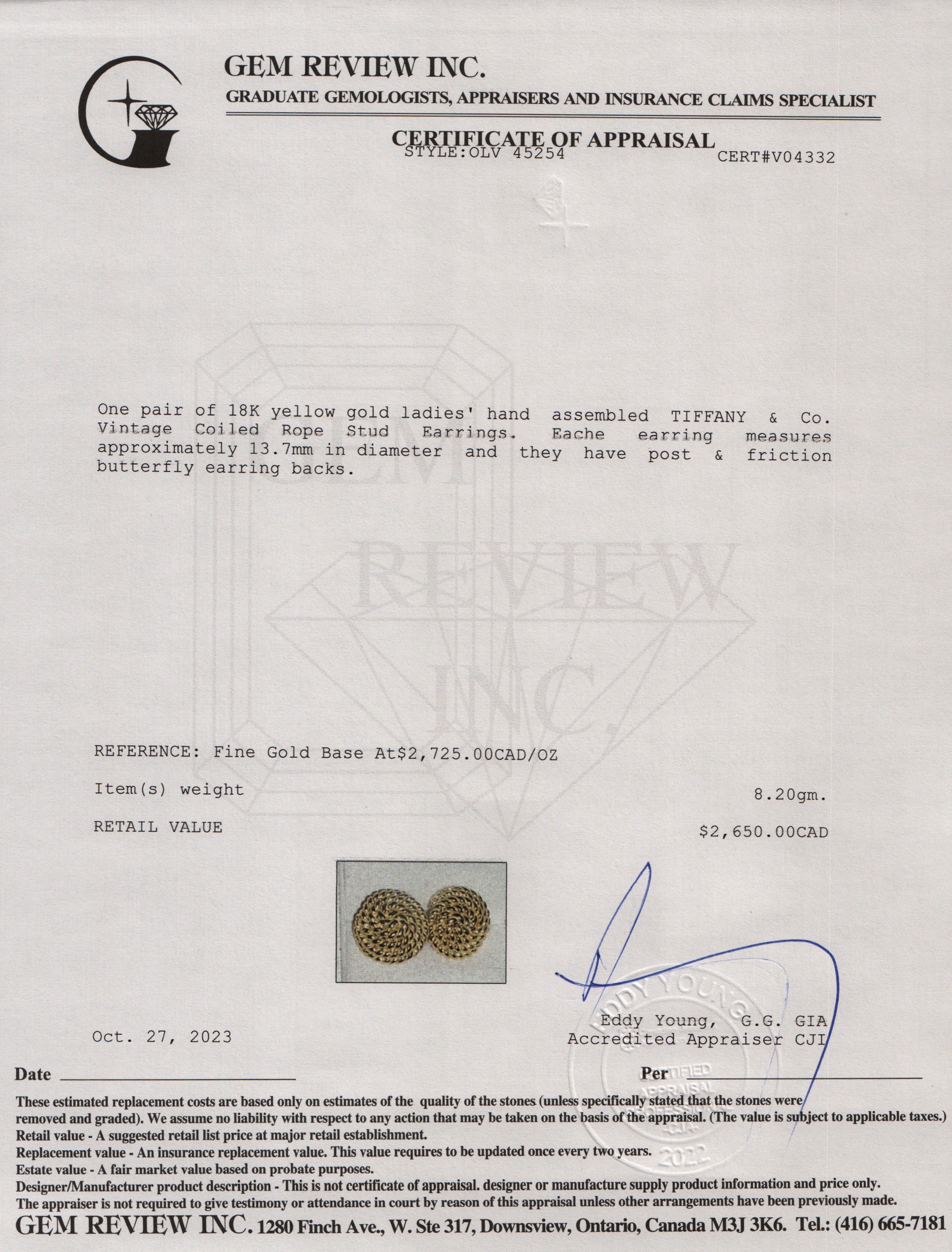 Tiffany & Co. Vintage 18k Yellow Gold Coiled Rope Stud Earrings