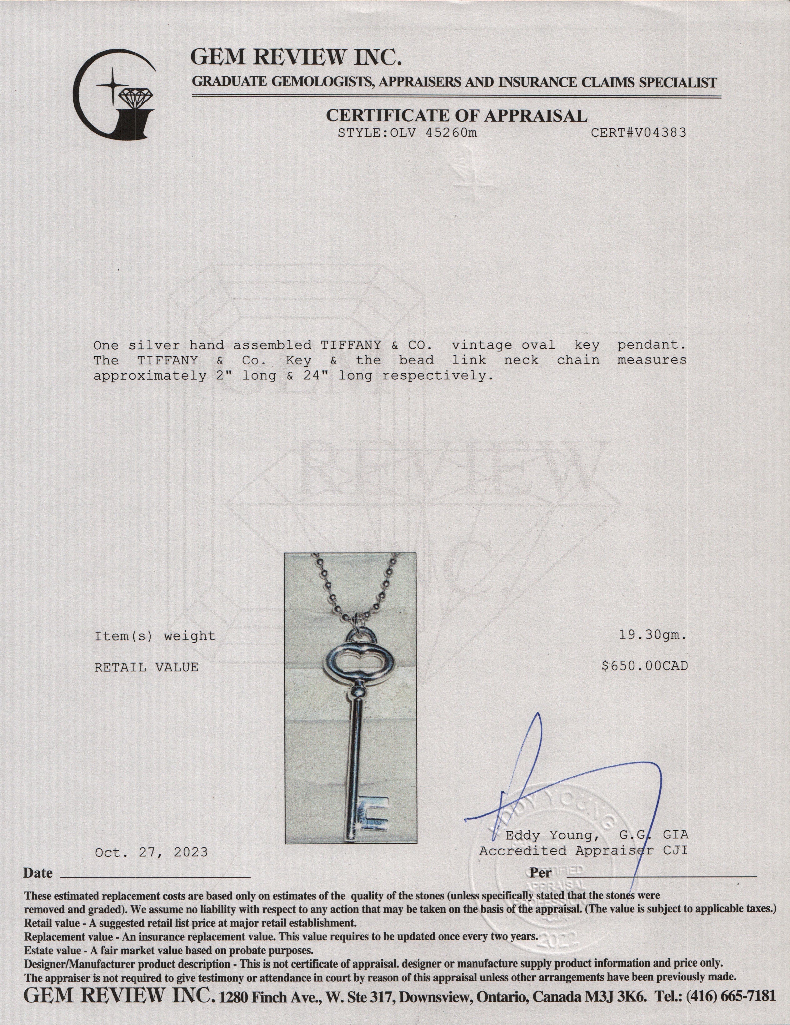 Tiffany & Co. Sterling Silver Vintage Oval Key Pendant Necklace