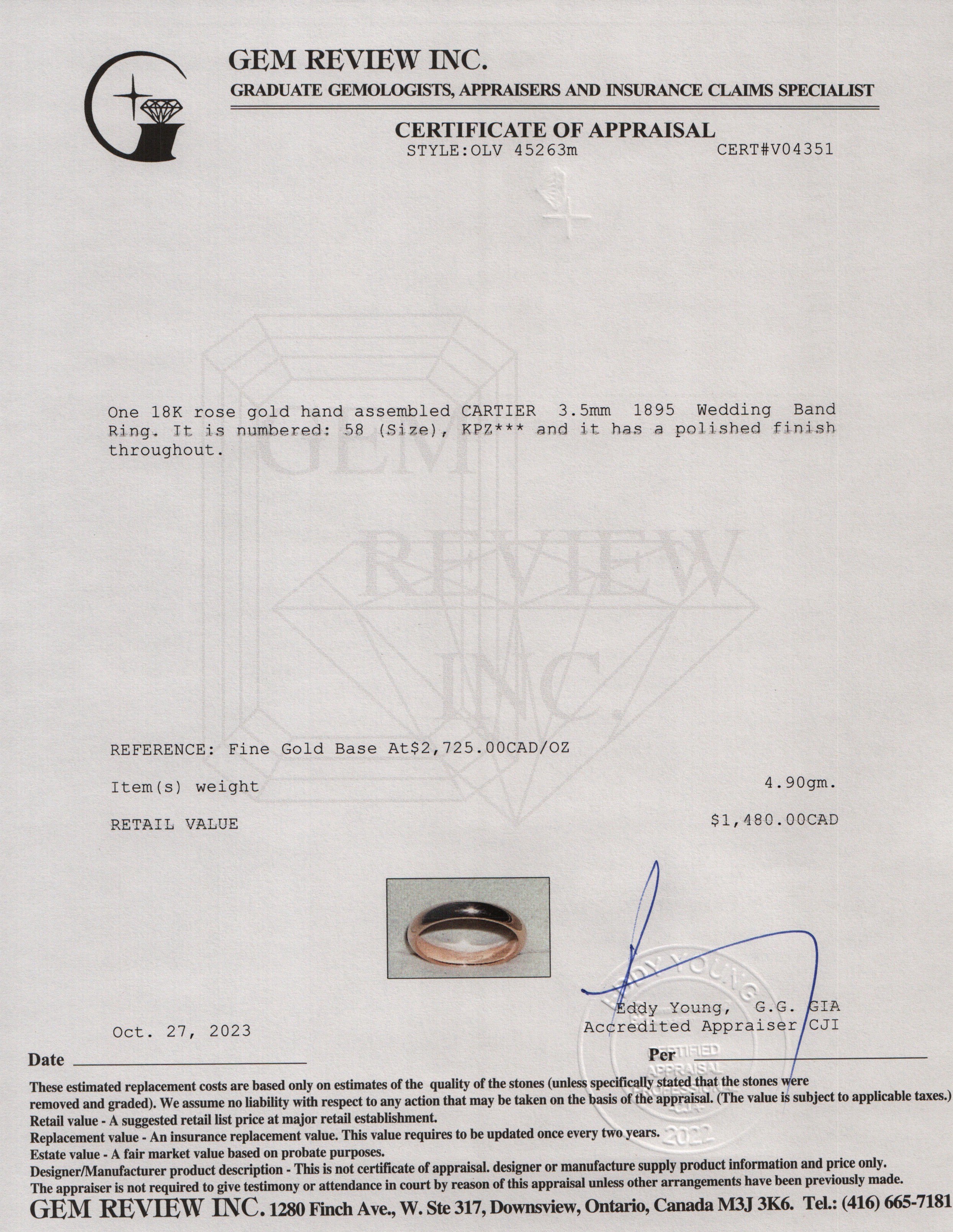 Cartier 18k Rose Gold 3.5 MM 1895 Wedding Band Ring, Size 58 8.25 w/ Box & Certificate