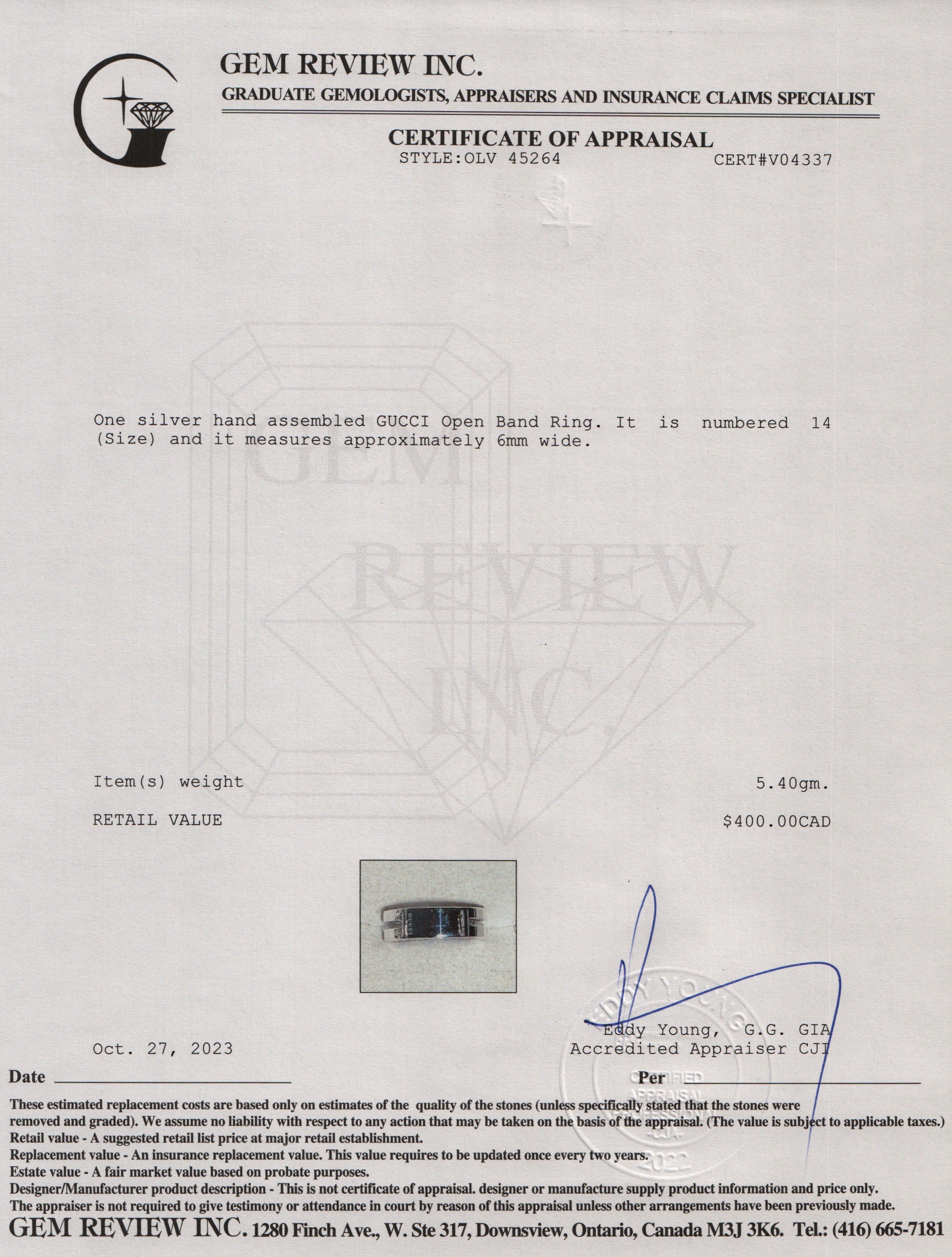 Gucci Sterling Silver Open Band Ring, Size 14 6.75