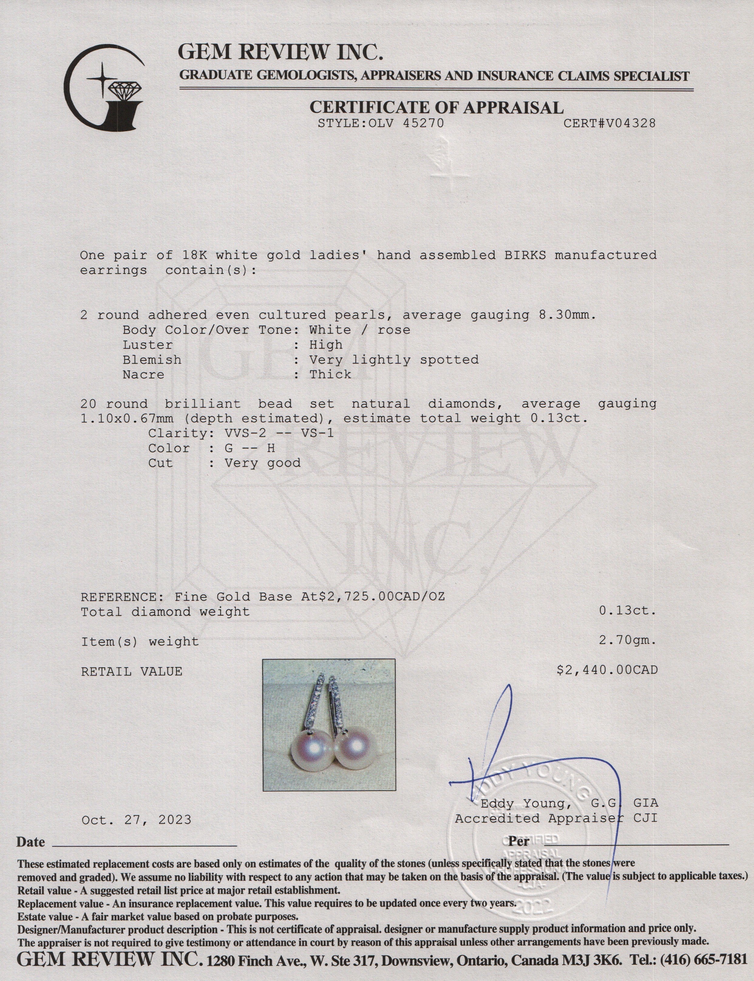 Birks 18k White Gold Pearl & Diamond Earrings