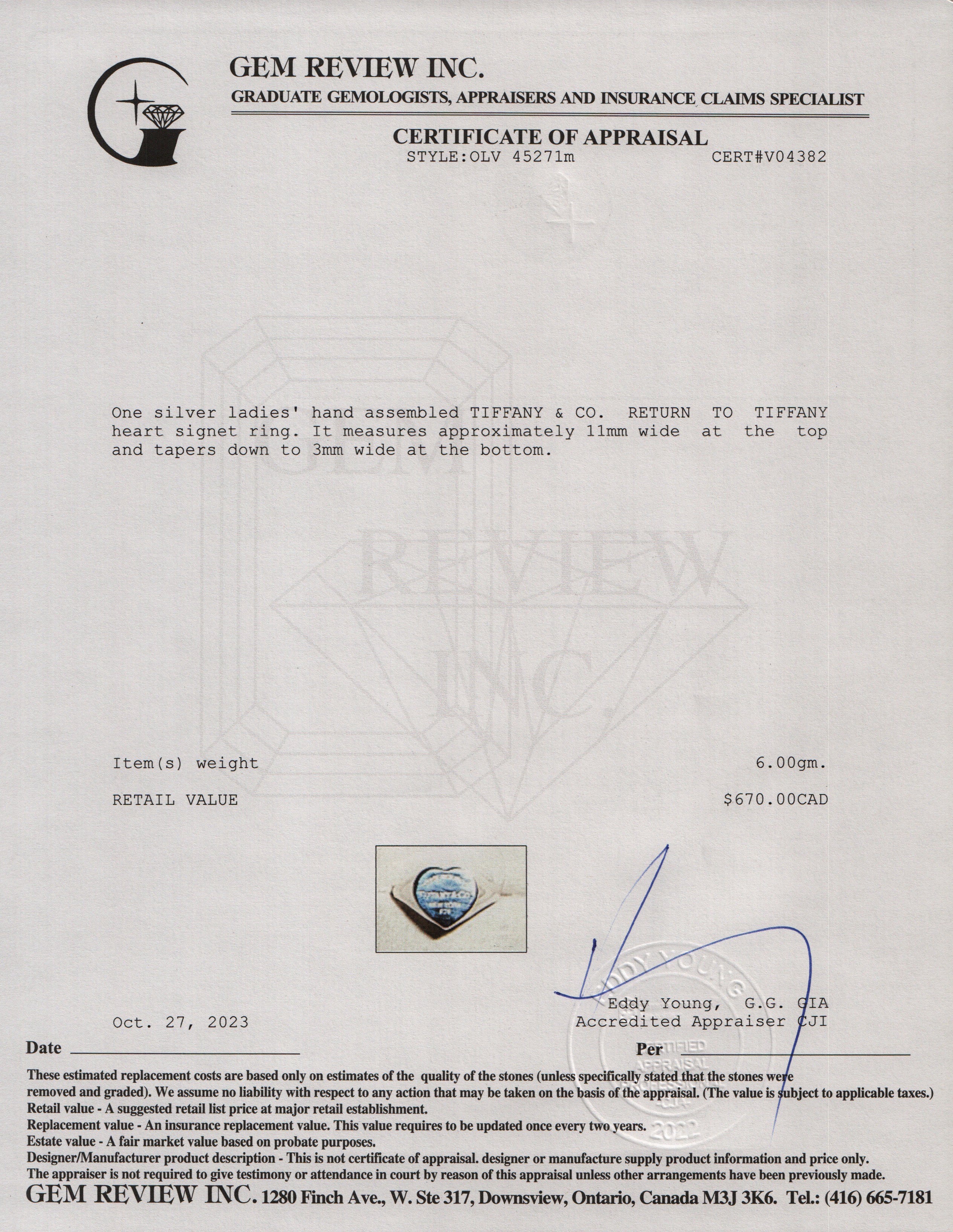 Tiffany & Co. Sterling Silver Return to Tiffany Heart Signet Ring, Size 5.75