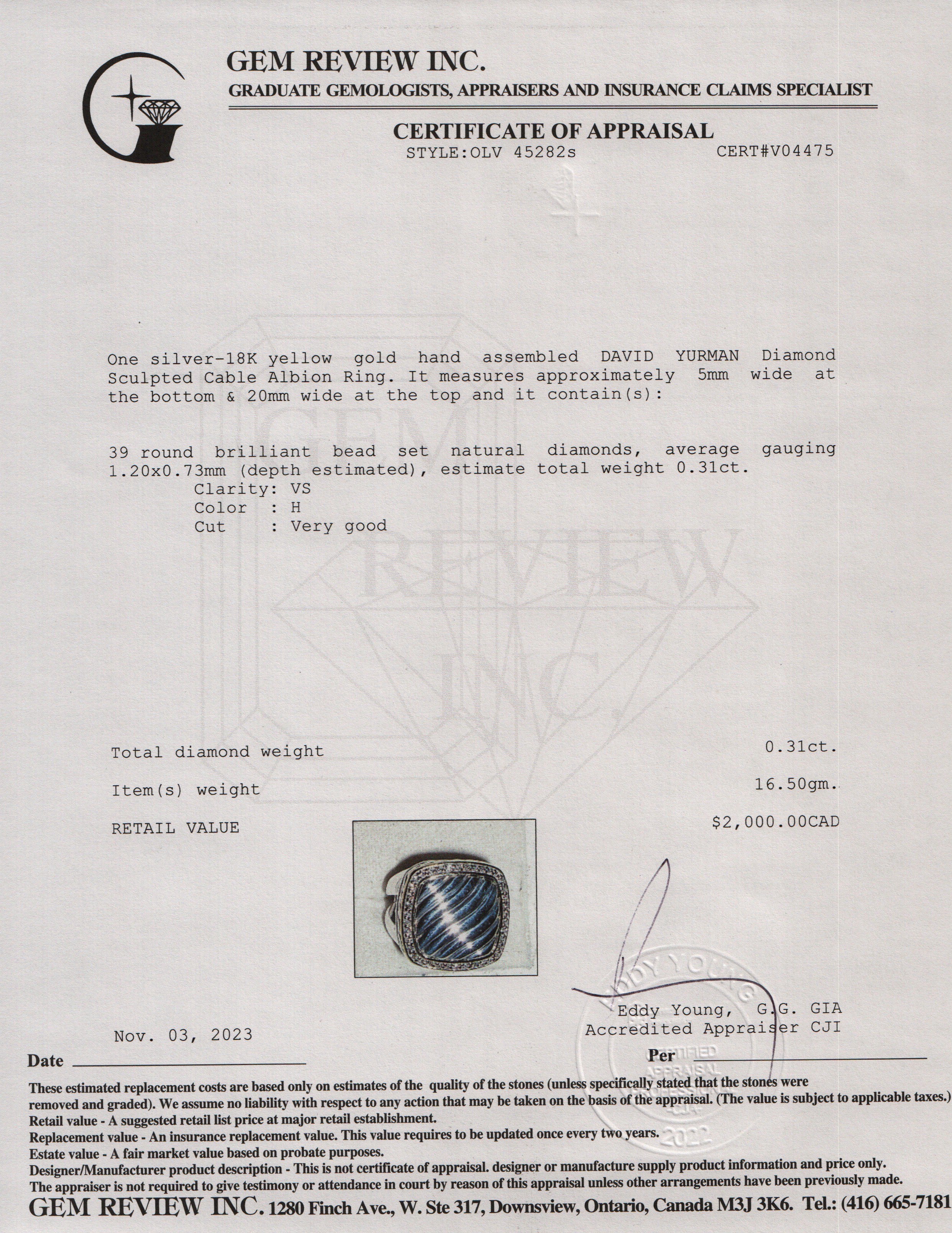 David Yurman Sterling Silver & 18k Yellow Gold Diamond Sculpted Cable Albion Ring, Size 6