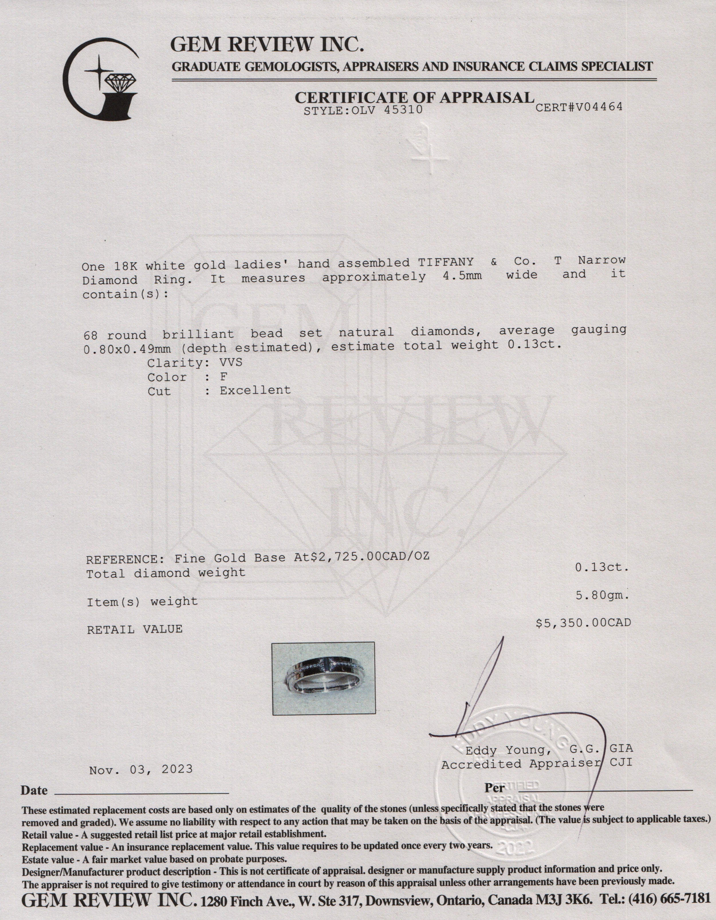 Tiffany & Co. 18k White Gold T Narrow Diamond 4.5MM Ring, Size 6.75