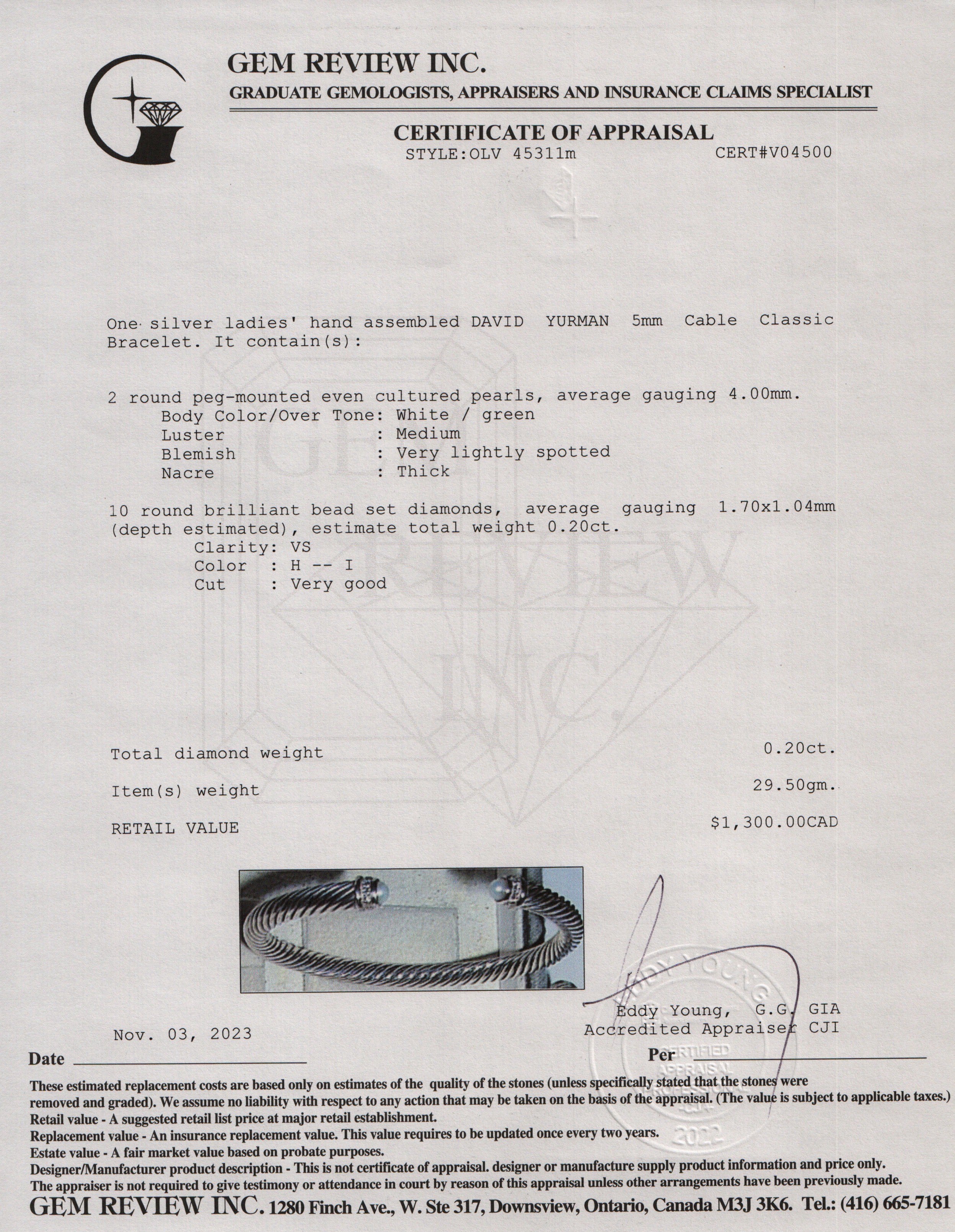 David Yurman Sterling Silver 5 MM Cable Classics Bracelet with Pearls & Diamonds