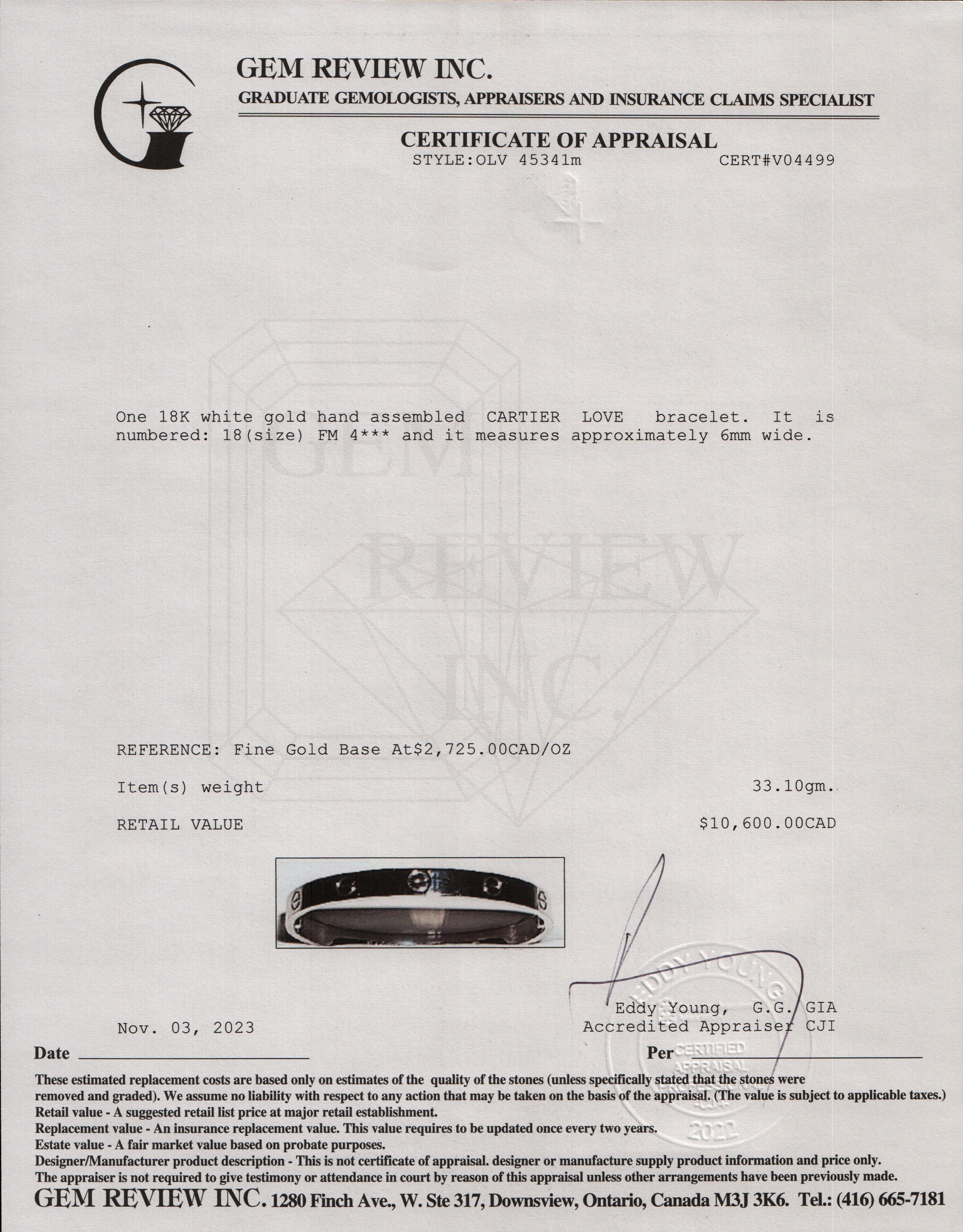 Cartier 18k White Gold Love Bracelet, Size 18 w/ Box