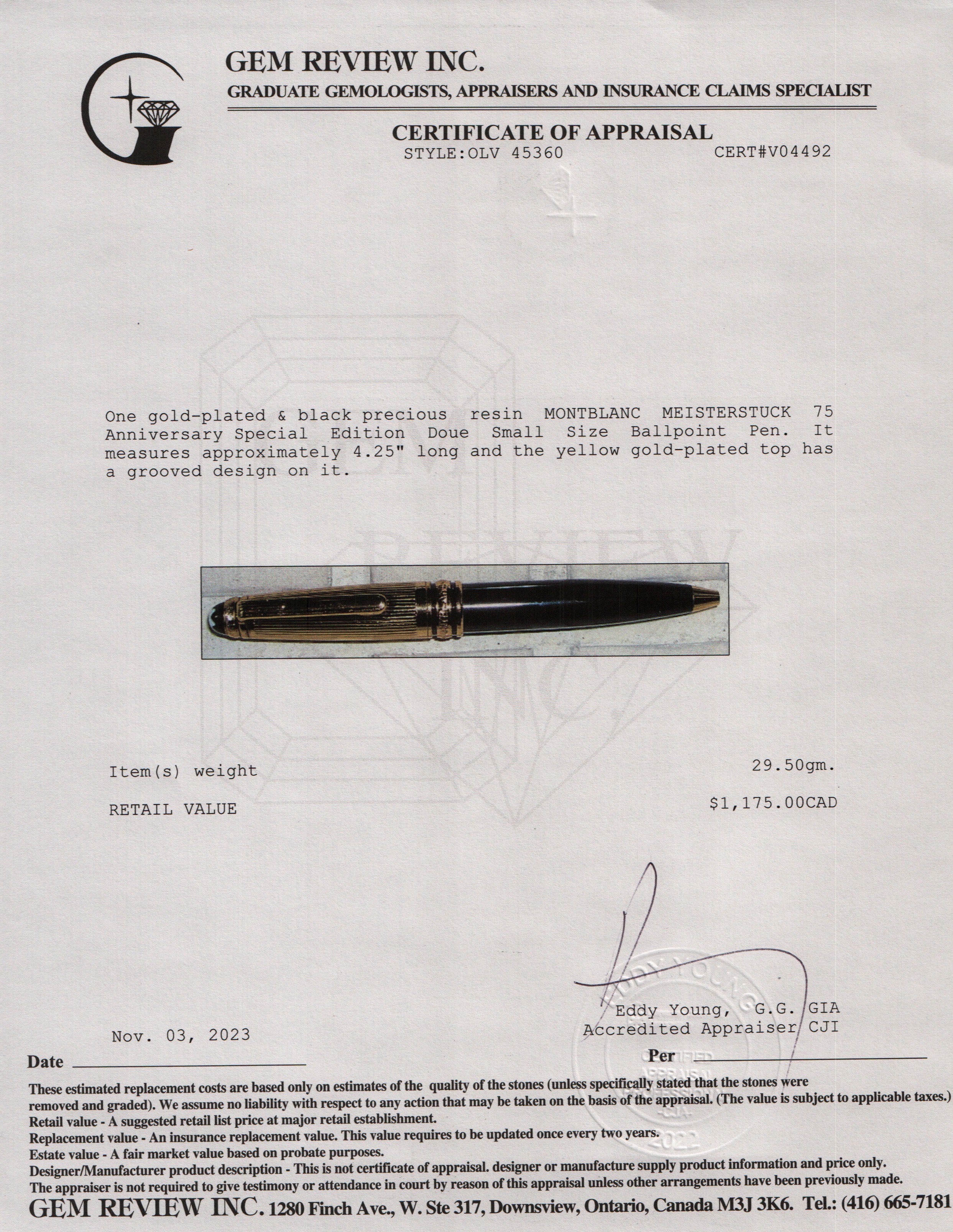 Montblanc Gold-Plated Black Resin 75 Year Anniversary Special Edition Meisterstuck Doue Ballpoint Pen, Small Size