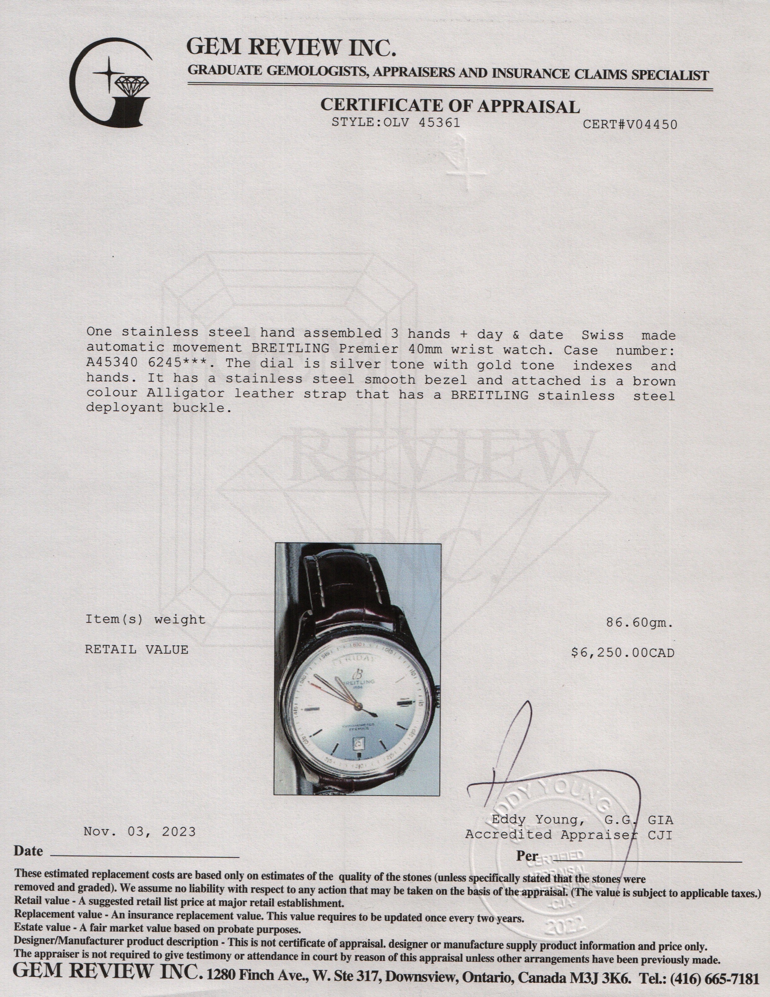 Breitling Stainless Steel Premier Day & Date 40 MM Auotomatic Watch w/ Box & Papers