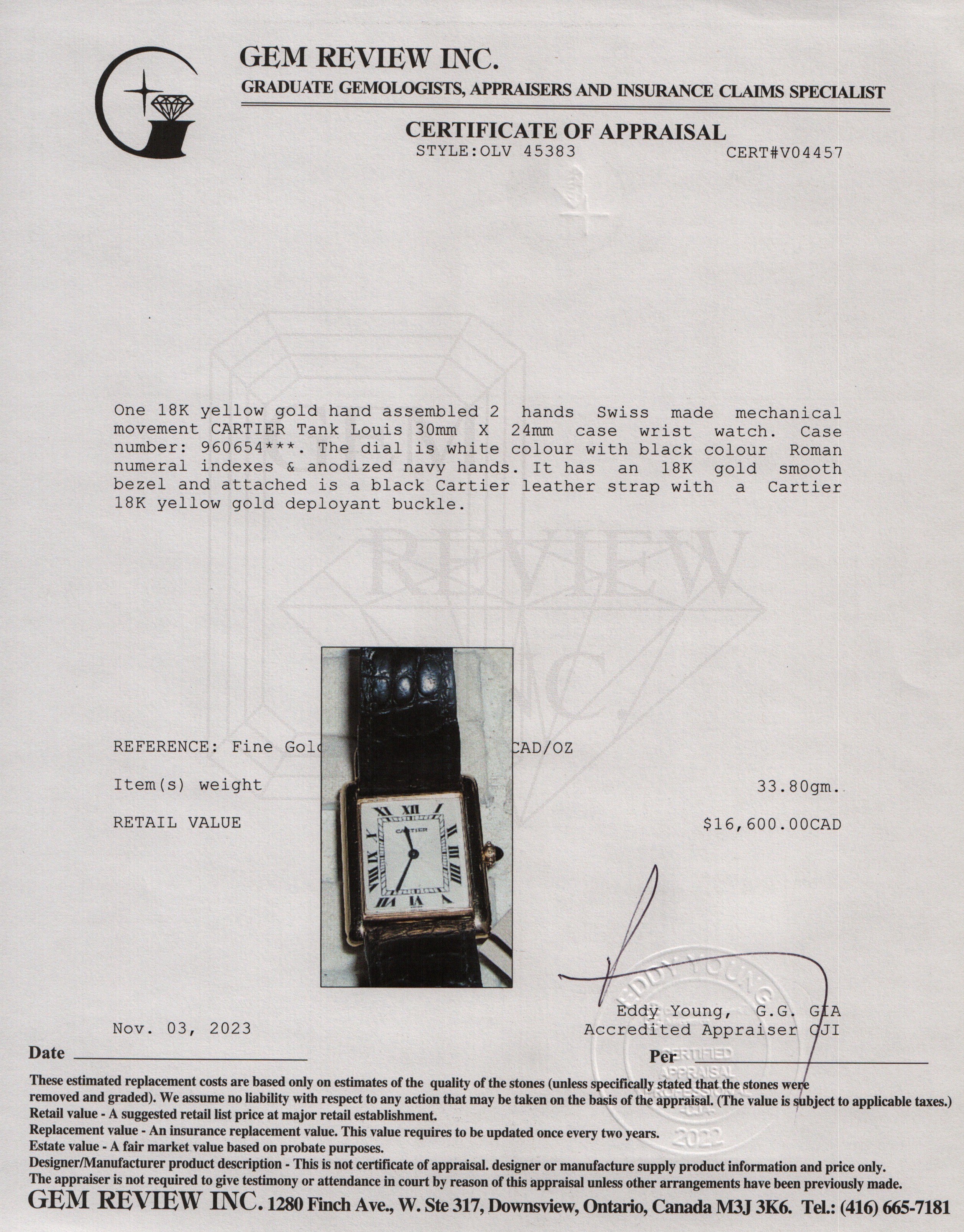 Cartier 18k Yellow Gold Tank Louis Watch