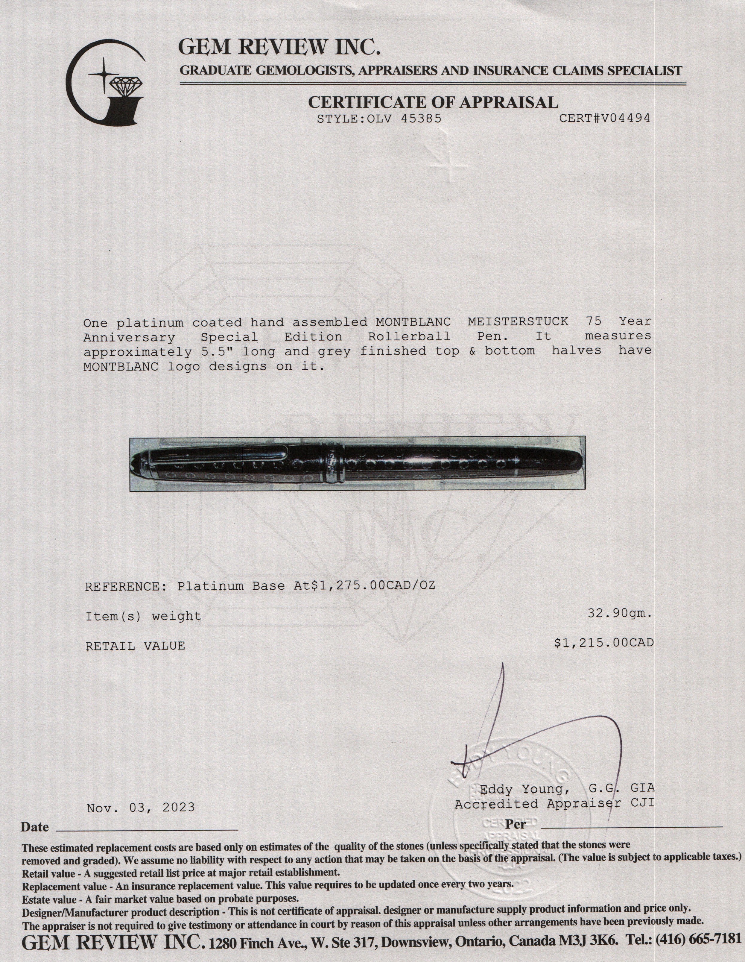 Montblanc Platinum Coated 75 Year Anniversary Special Edition Meisterstuck Lacquer Rollerball Pen