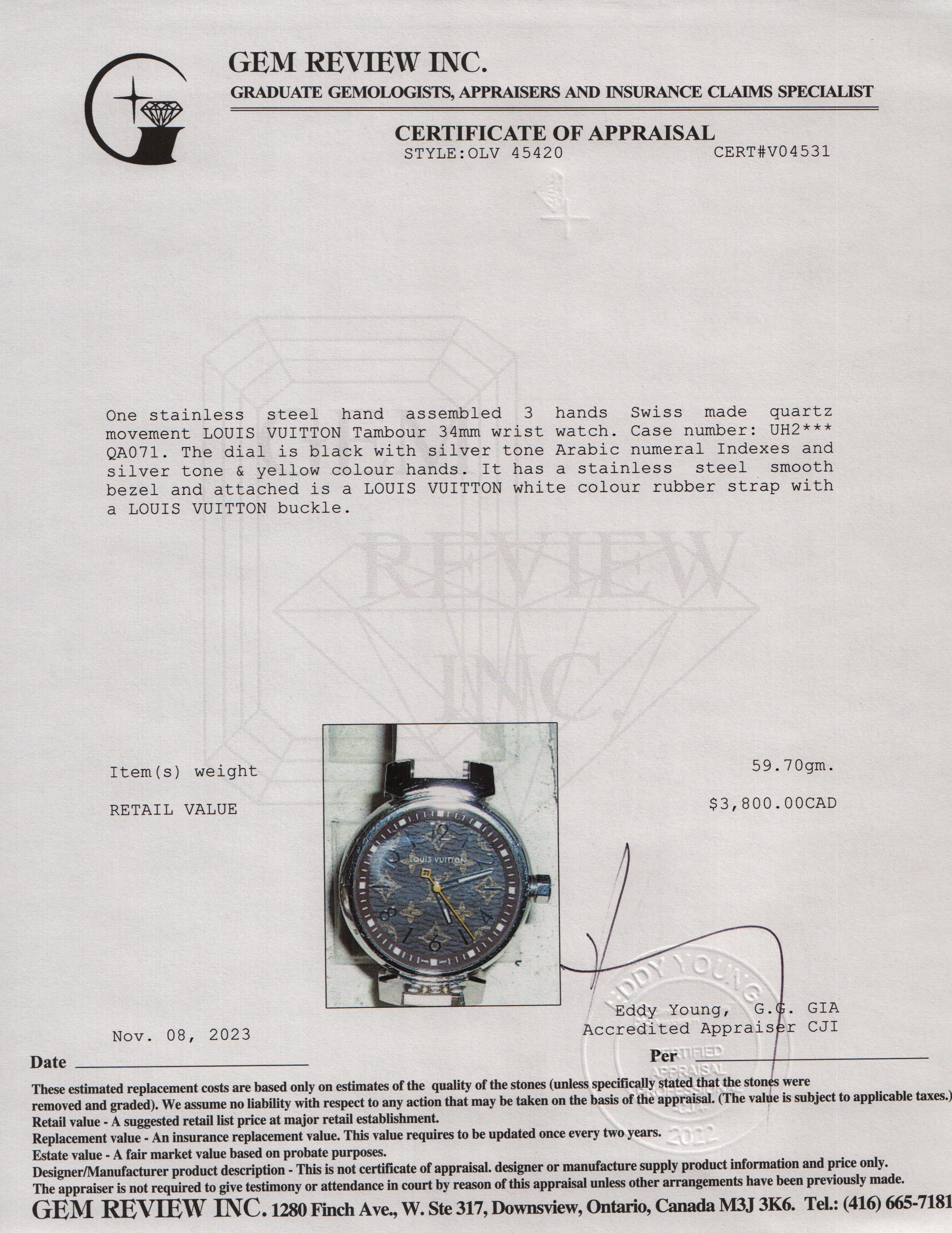 Louis Vuitton Stainless Steel Tambour 34 MM Watch