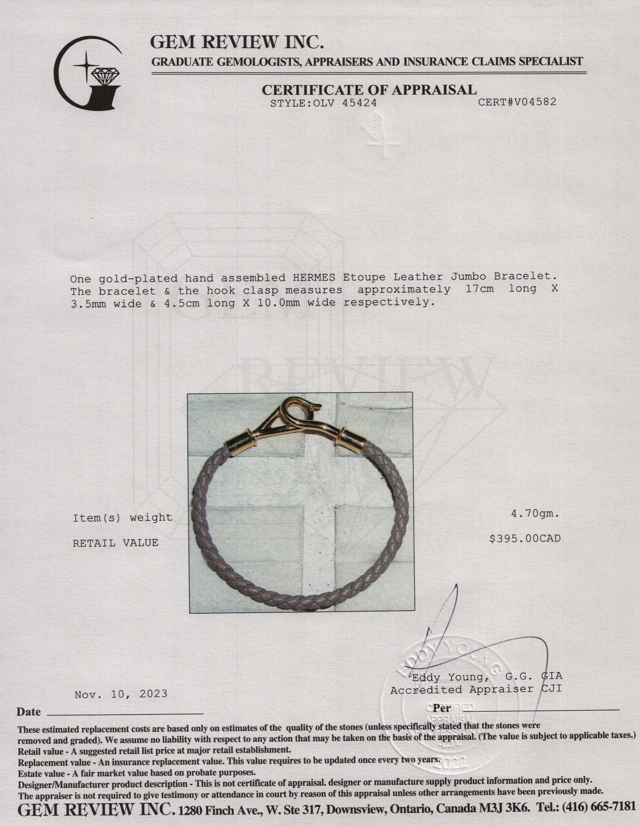 Hermes Gold Plated Etoupe Swift Calfskin Leather Jumbo Bracelet