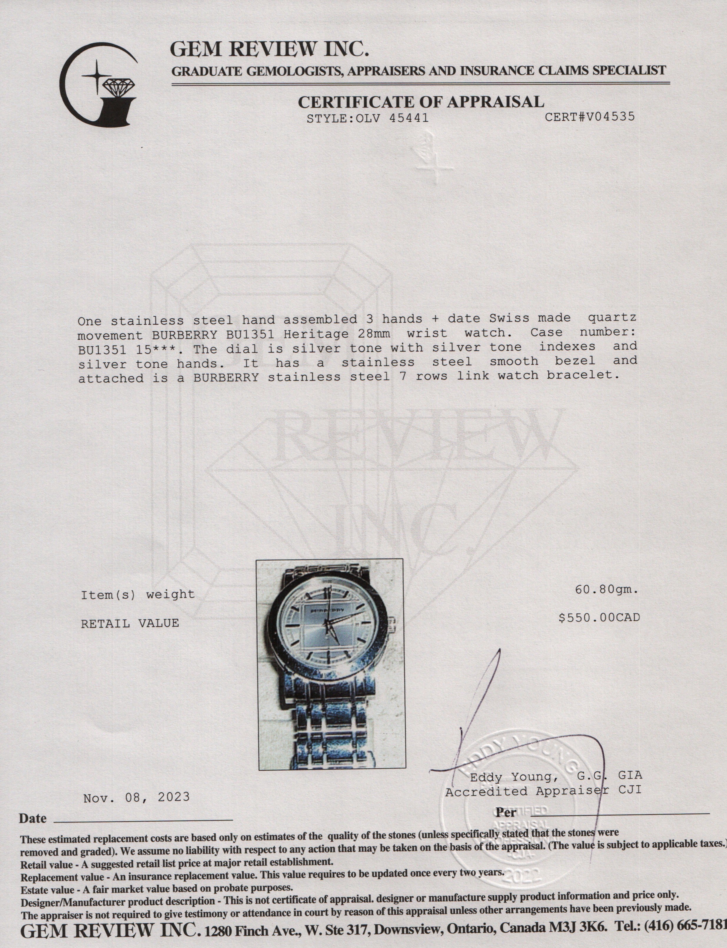 Burberry Stainless Steel BU1351 Heritage 28 MM Watch w/ Box