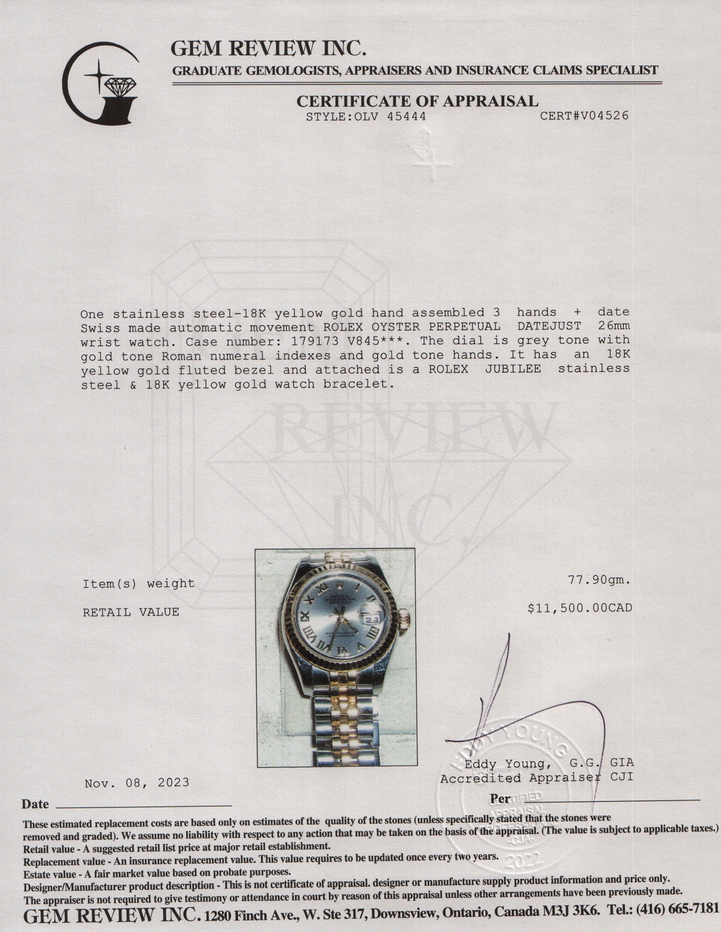 Rolex Stainless Steel & 18k Yellow Gold Datejust 26 mm Watch w/ Papers