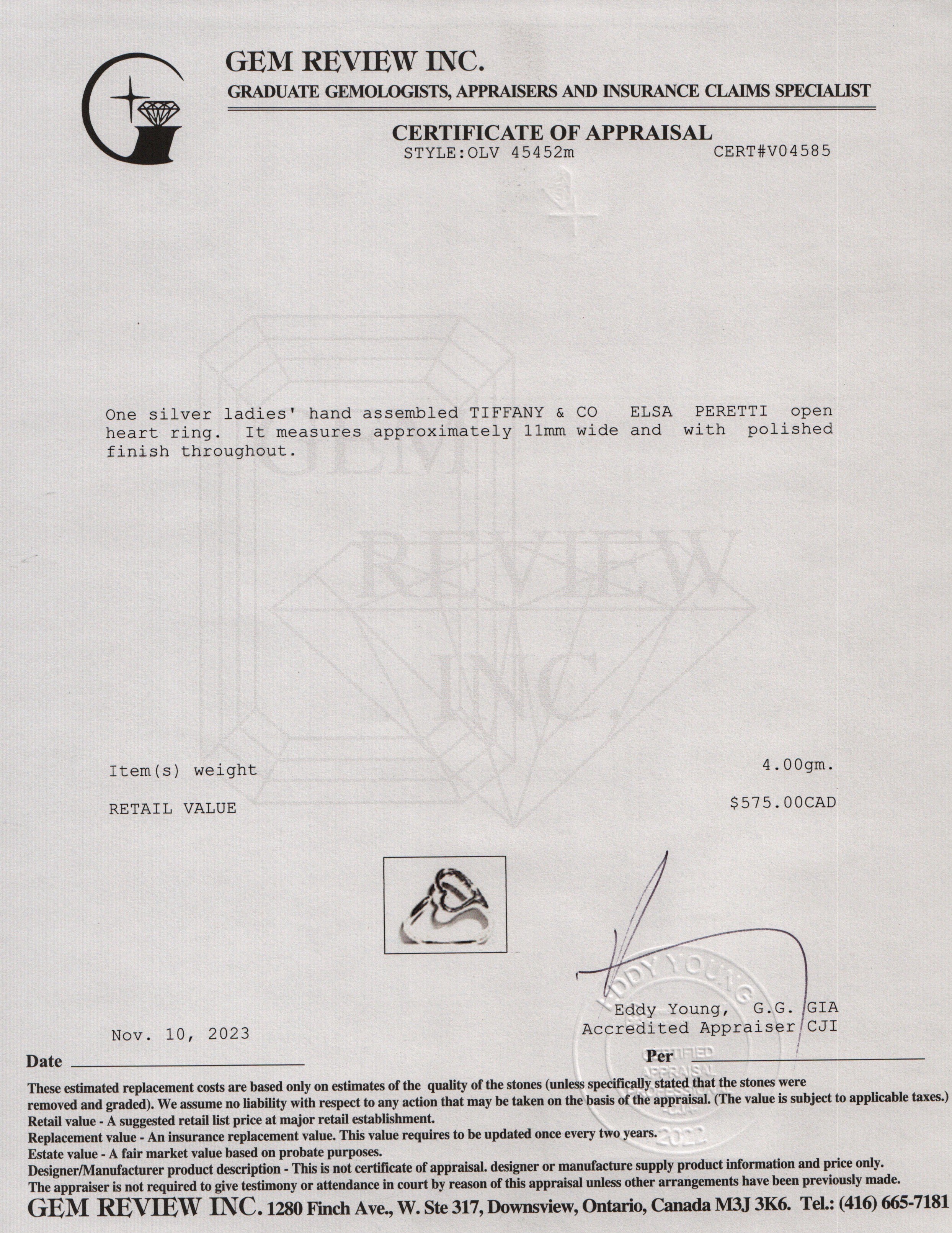 Tiffany & Co. Elsa Peretti Sterling Silver Open Heart Ring, Size 5.5