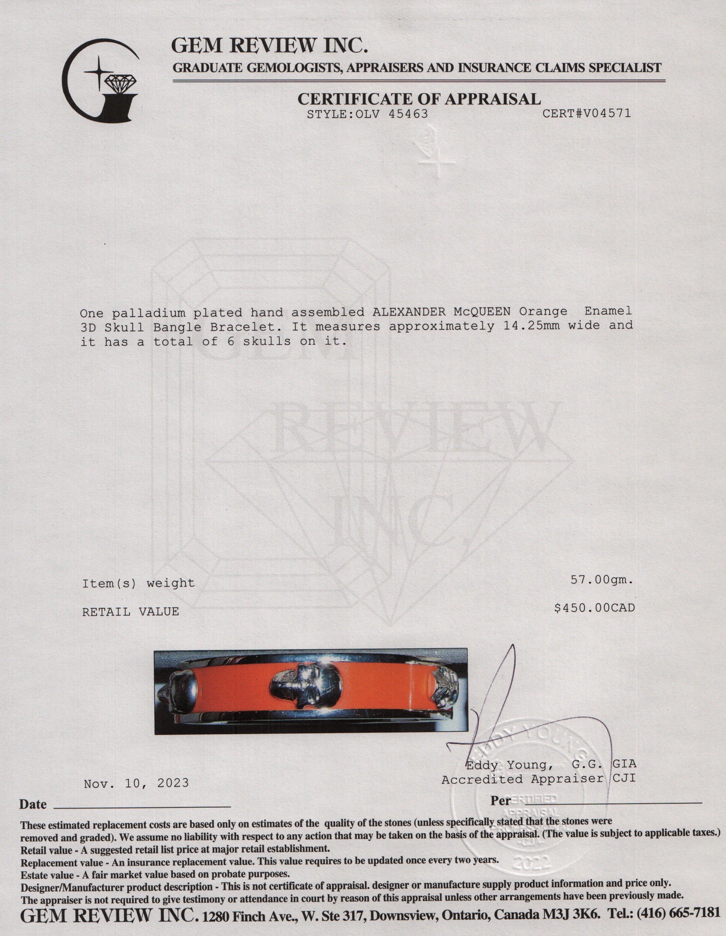 Alexander Mcqueen Palladium Plated Enamel 3D Skull Bangle Bracelet