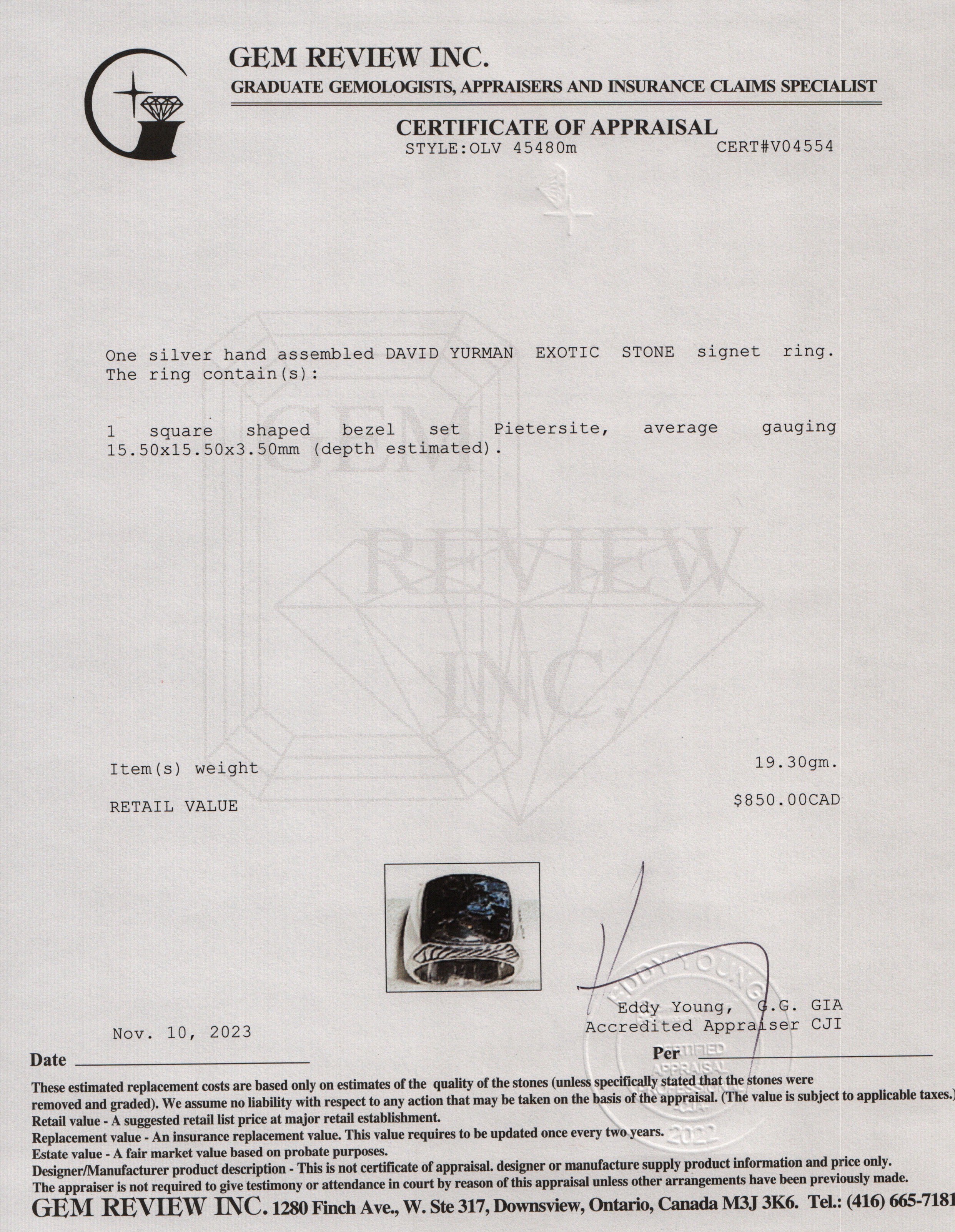 David Yurman Sterling Silver Exotic Stone Signet Ring with Pietersite, Size 8.75