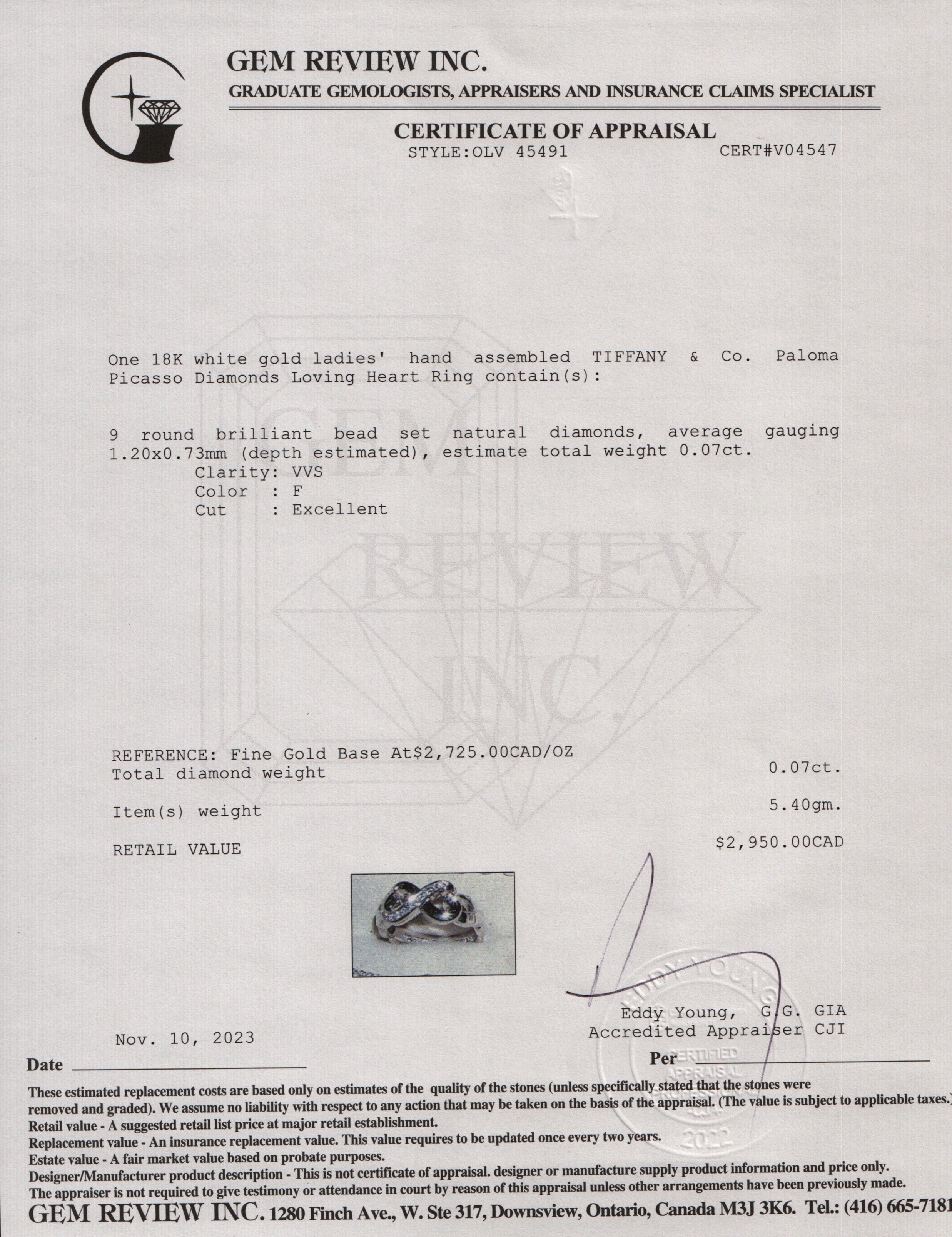 Tiffany & Co. Paloma Picasso 18k White Gold Diamond Loving Heart Ring, Size 5 w/ Box & Receipt