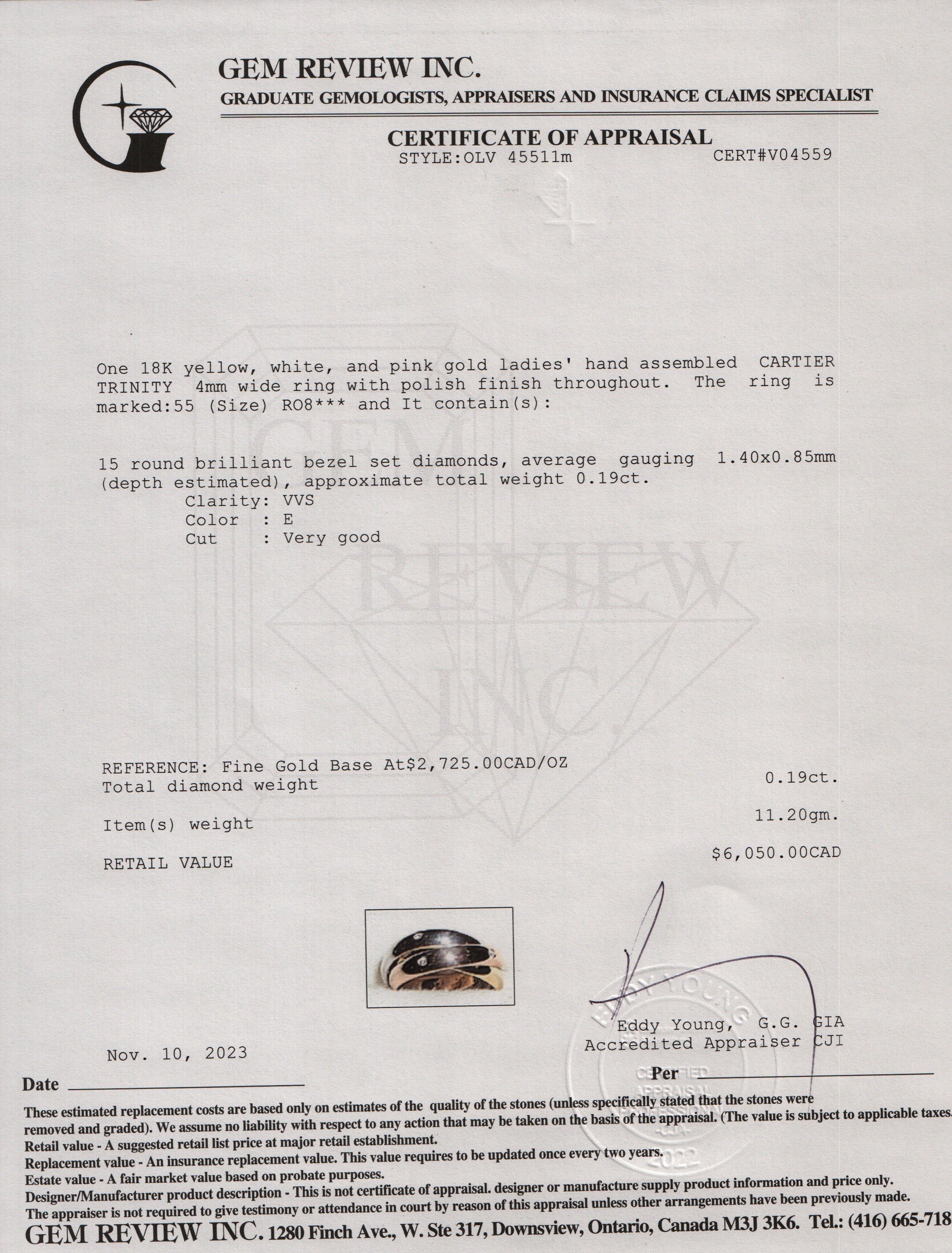 Cartier 18k Yellow, White & Rose Gold Diamond Trinity Rolling Ring, Size 55 7.75