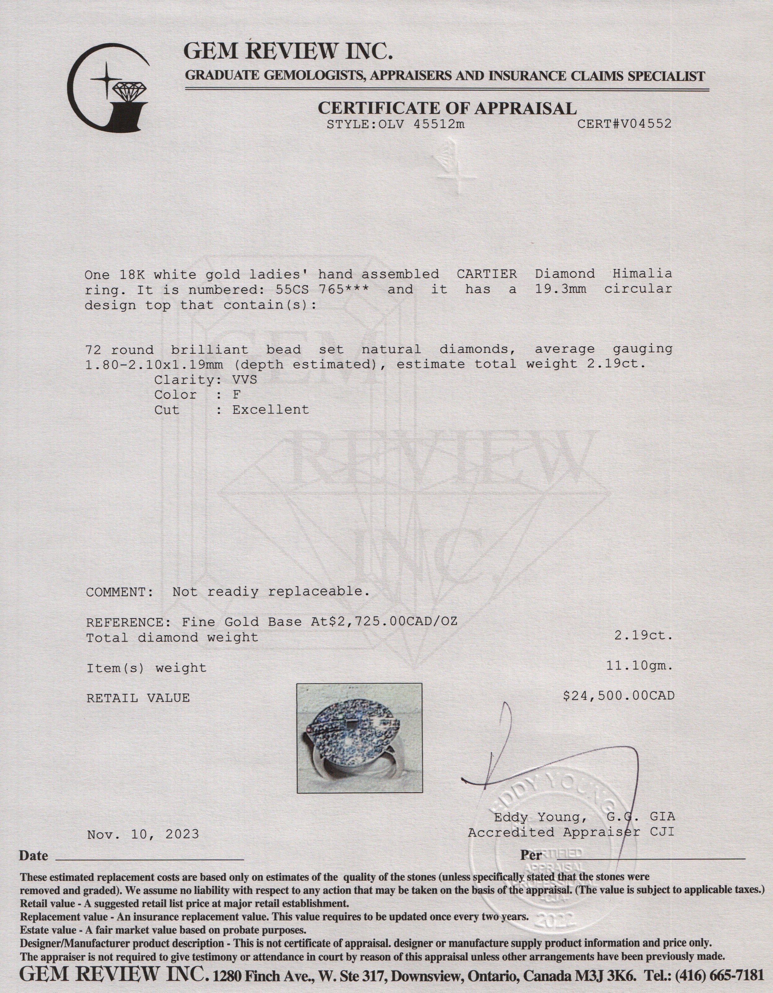 Cartier 18k White Gold Diamond Himalia Ring, Size 55 5.5 w/ Box