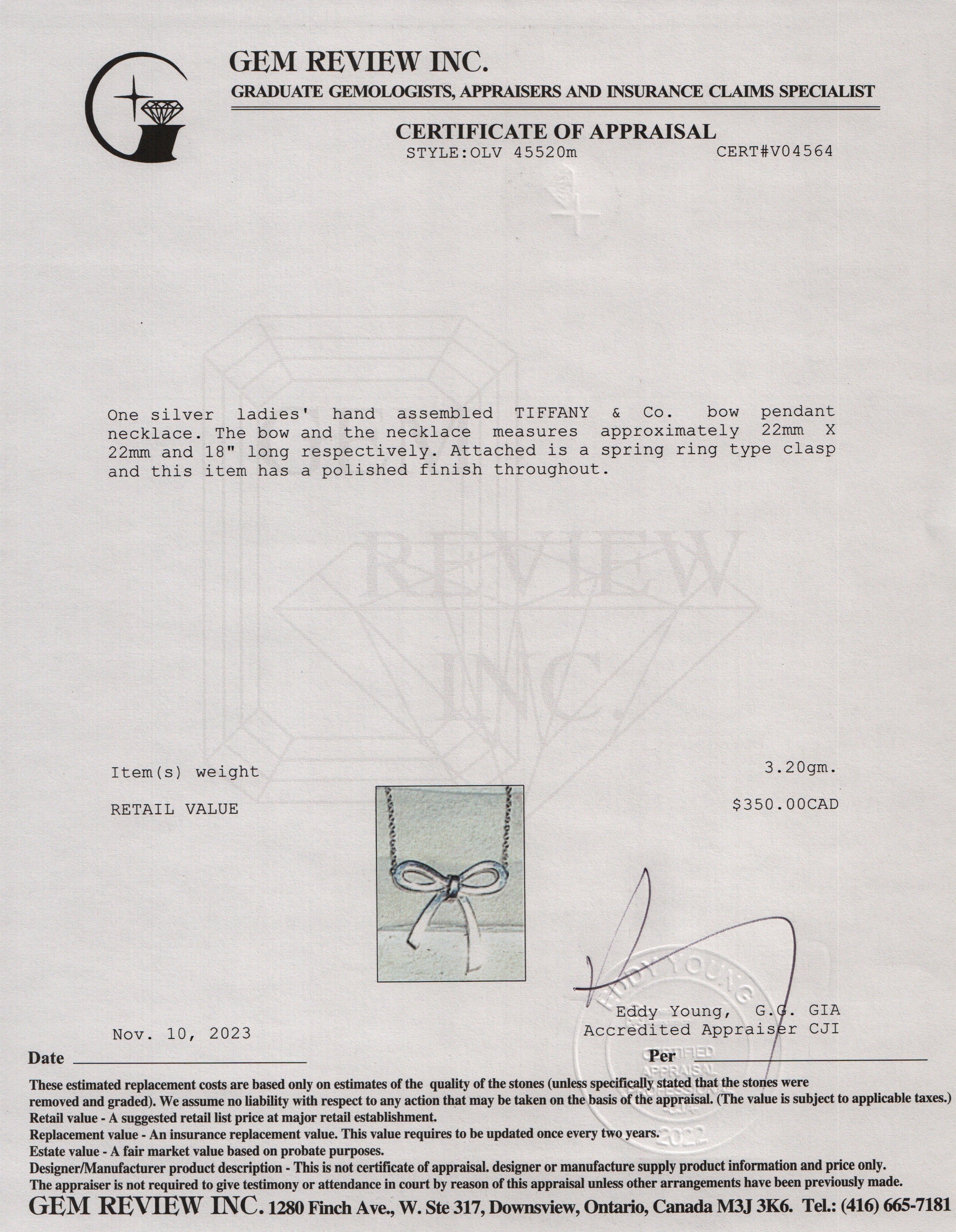 Tiffany & Co. Sterling Silver Large Bow Pendant Necklace