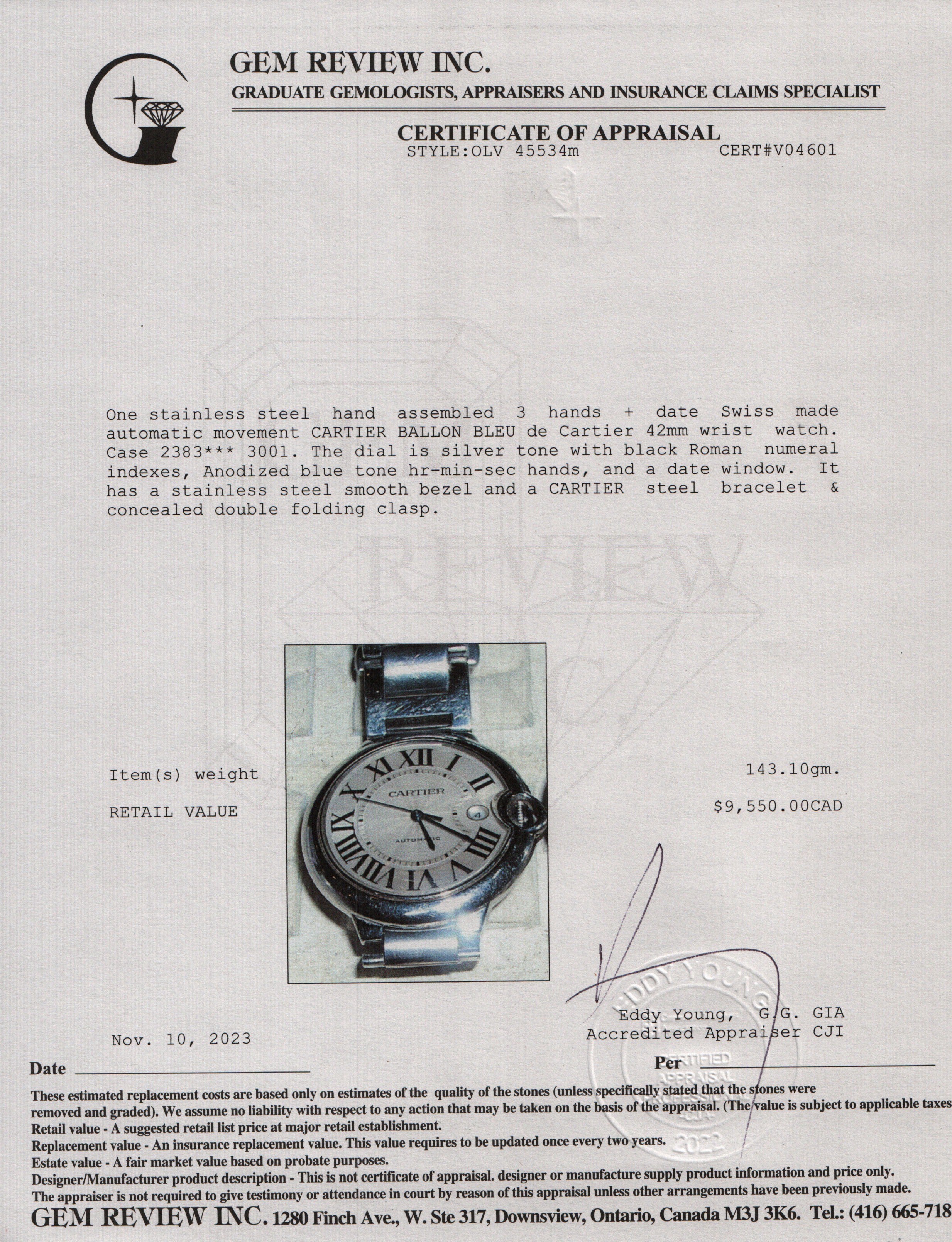 Cartier Stainless Steel Ballon Bleu de Cartier 42MM Automatic Watch w/ Box & Receipt