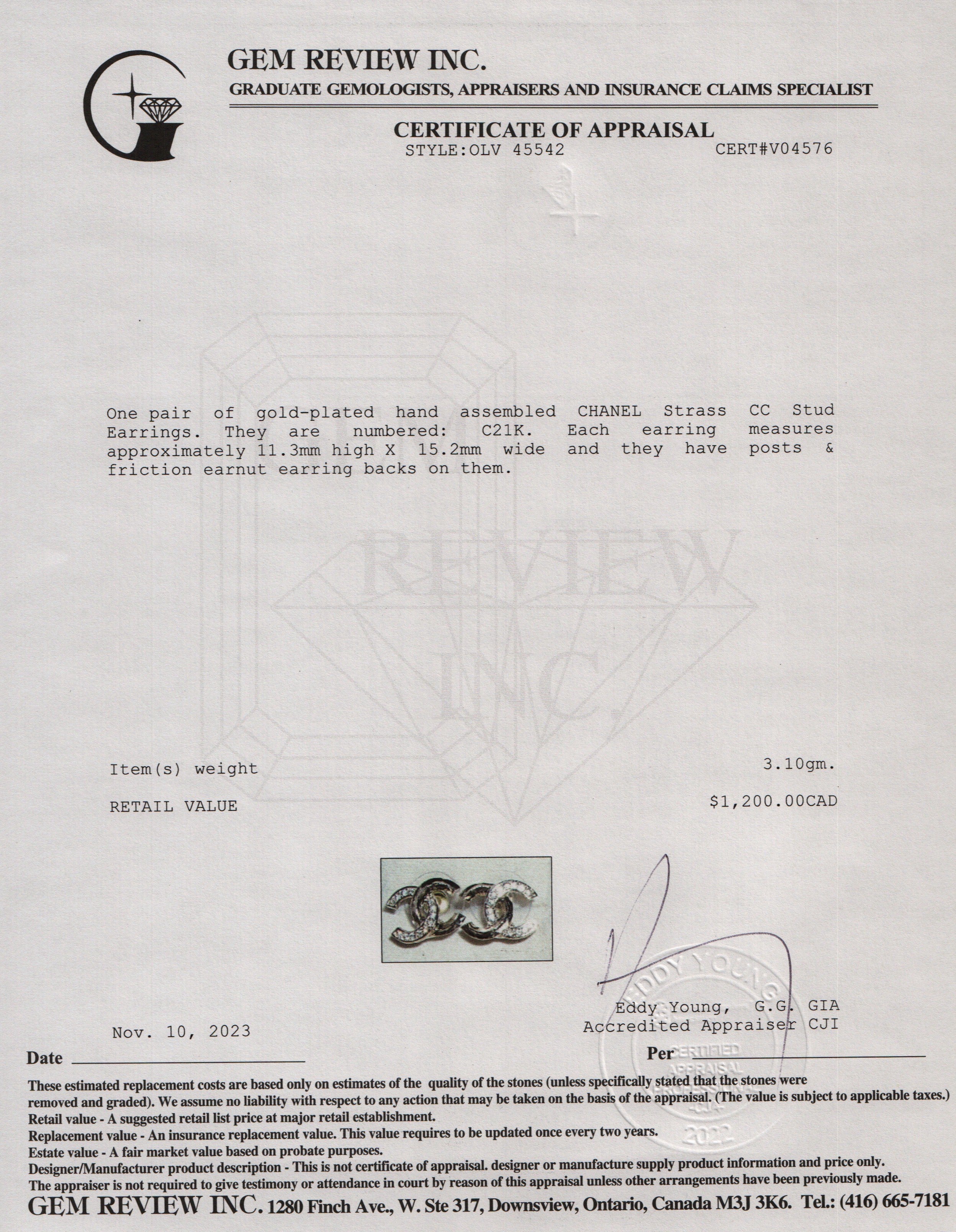 Chanel 2021 Gold Plated Strass CC Stud Earrings w/ Box