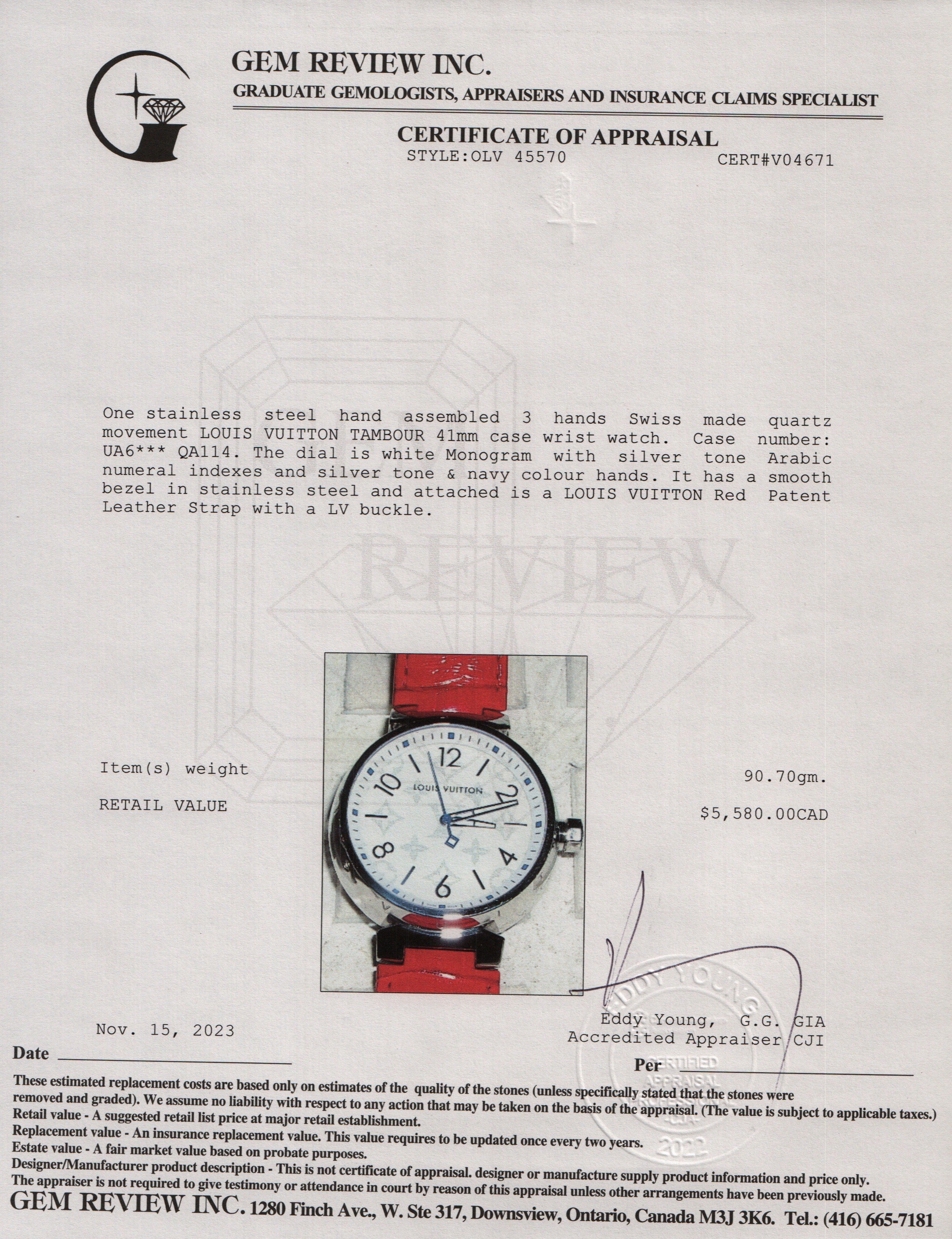 Louis Vuitton Stainless Steel Tambour GM 41 MM Watch