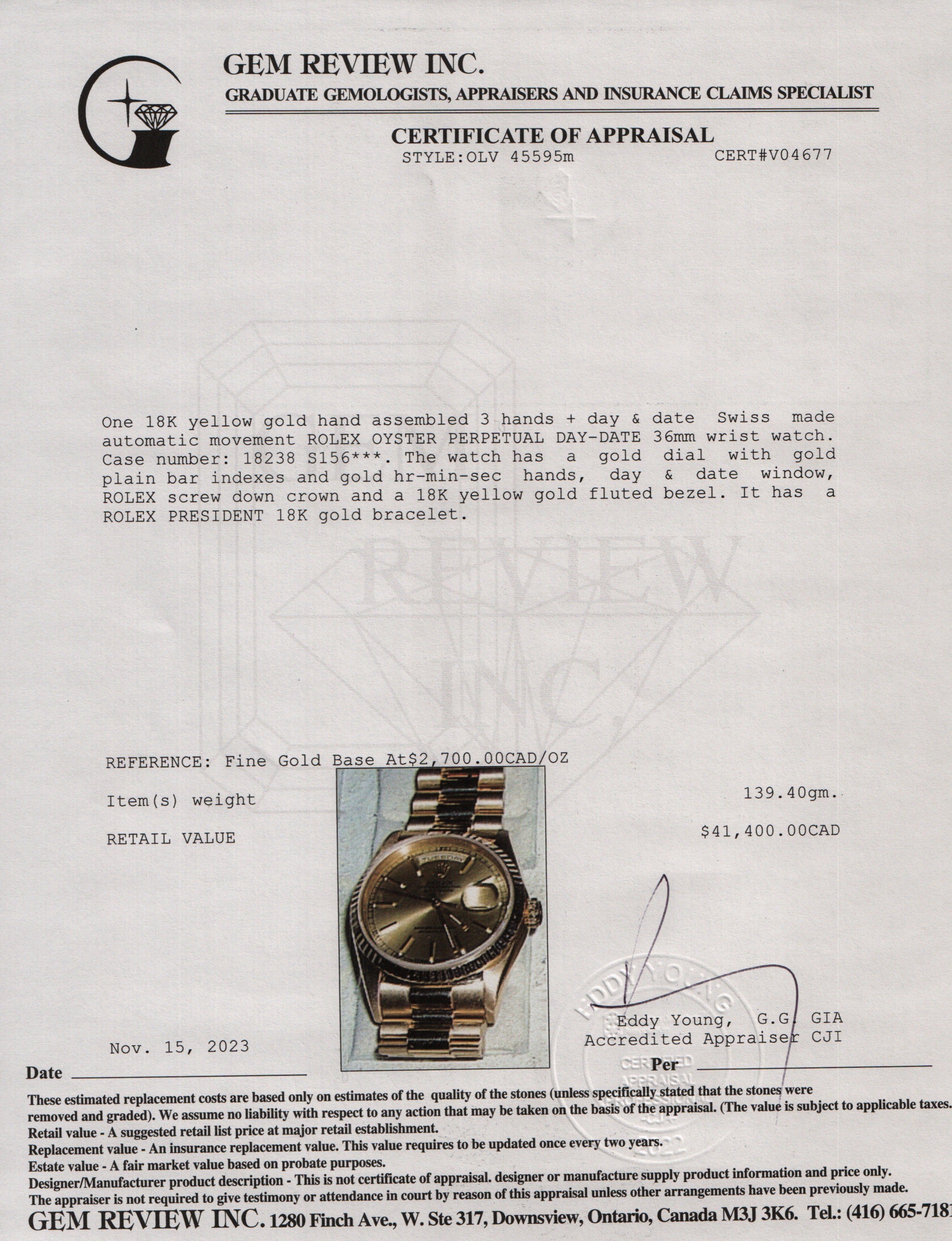 Rolex 18k Yellow Gold Day-Date President 36 MM Watch w/ Box