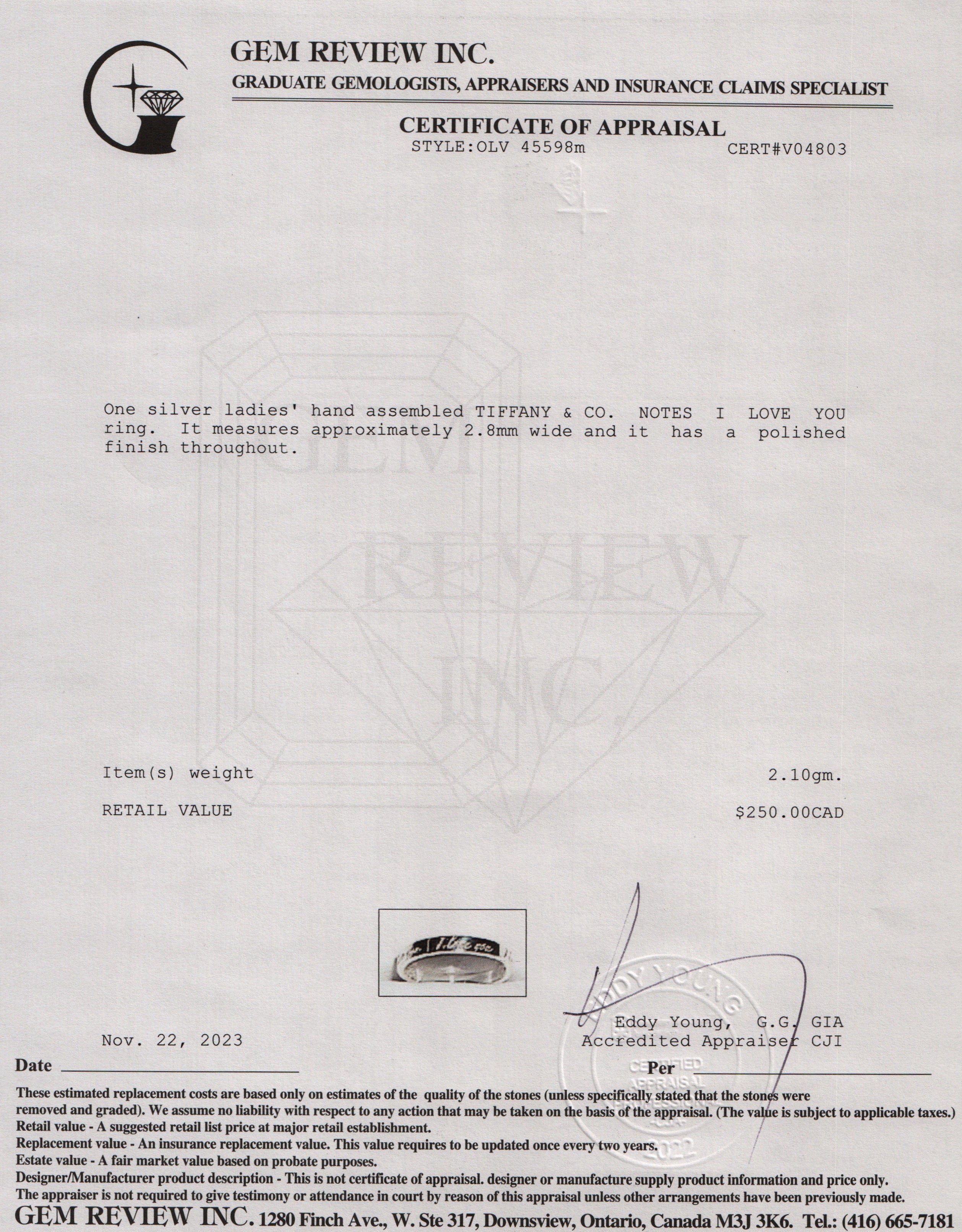 Tiffany & Co. Sterling Silver Notes "I Love You" Ring, Size 5.5