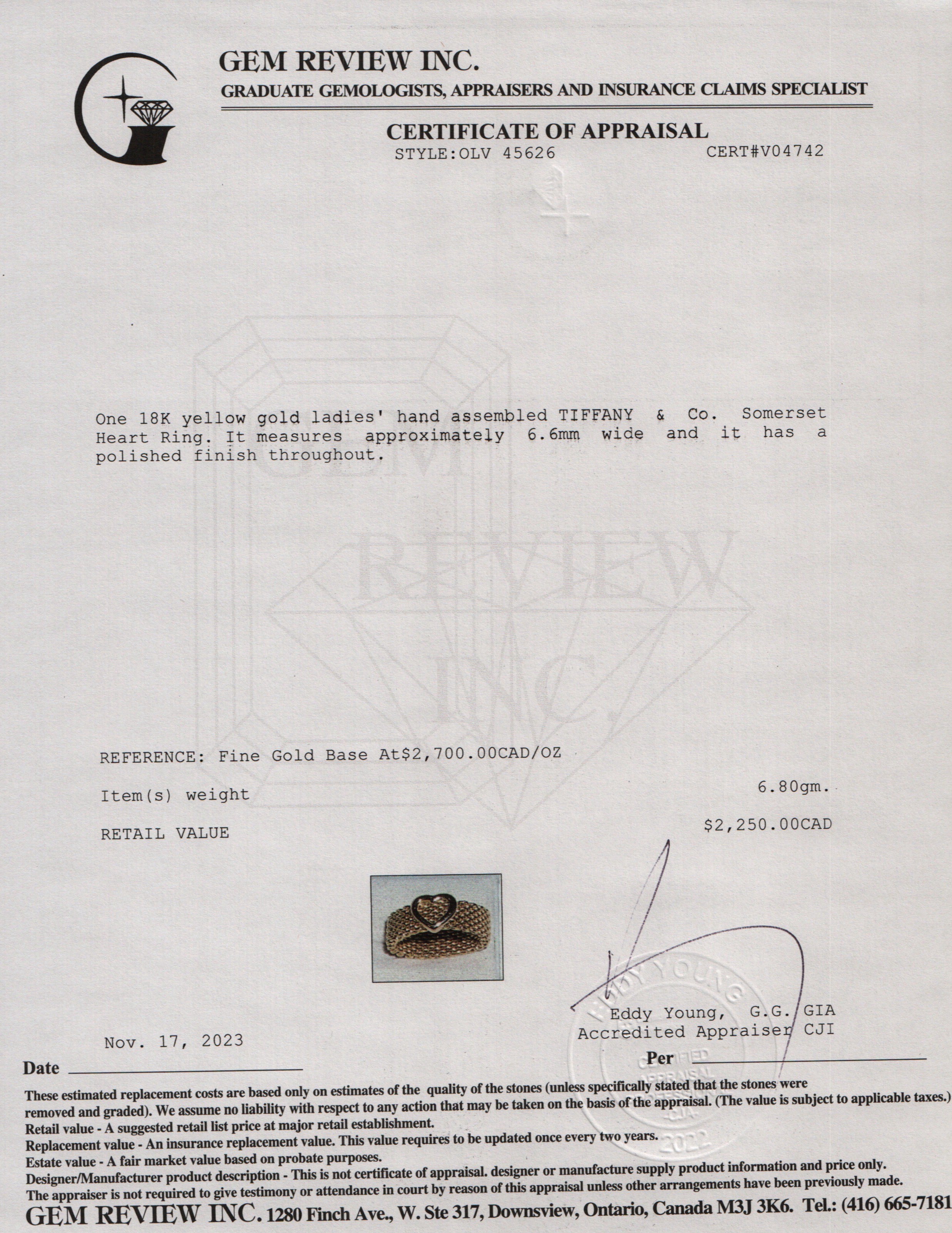 Tiffany & Co. 18k Yellow Gold Somerset Mesh Heart Ring, Size 6