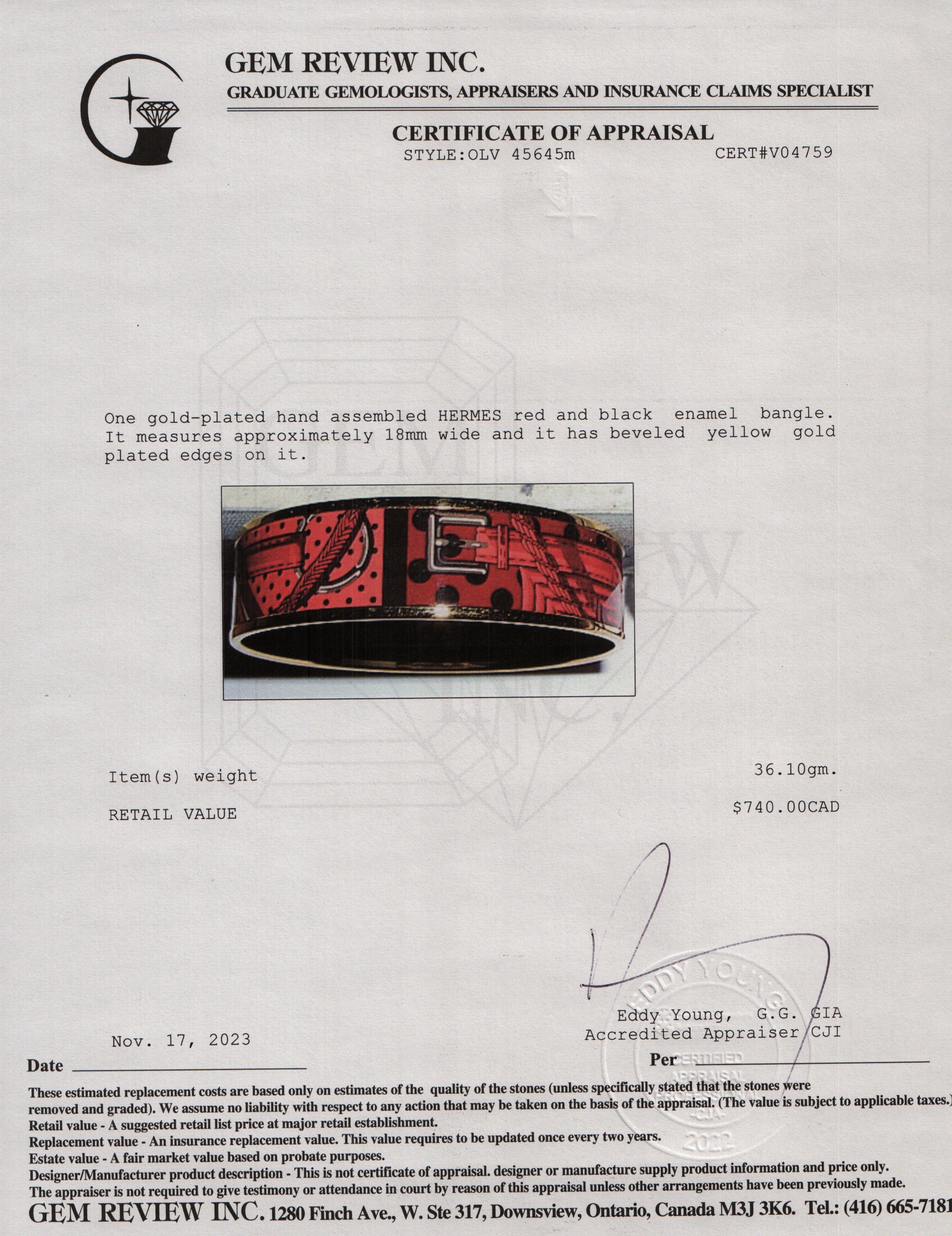 Hermes Gold-Plated Red Enamel Wide Bangle w/ Box