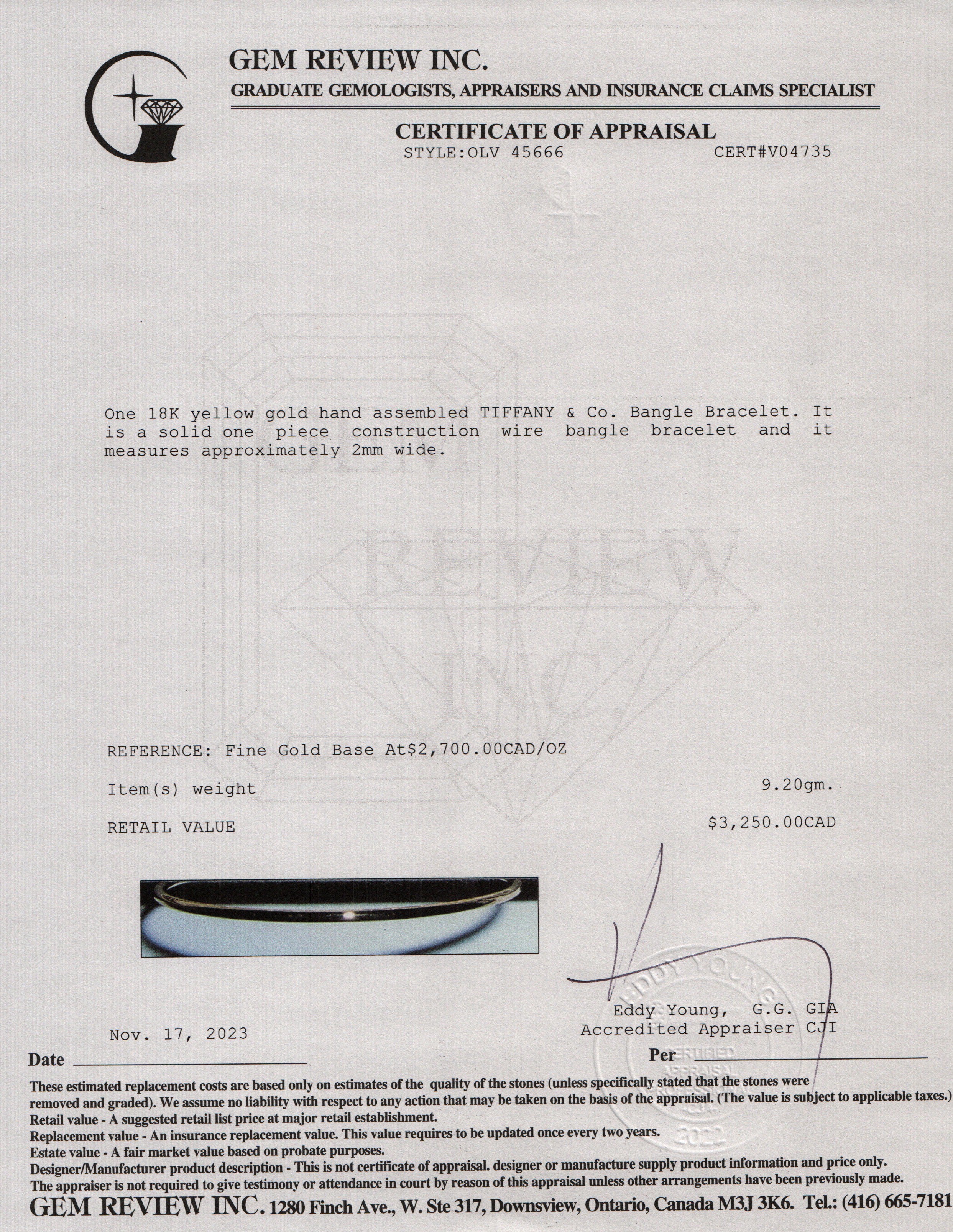 Tiffany & Co. 18k Yellow Gold Bangle Bracelet