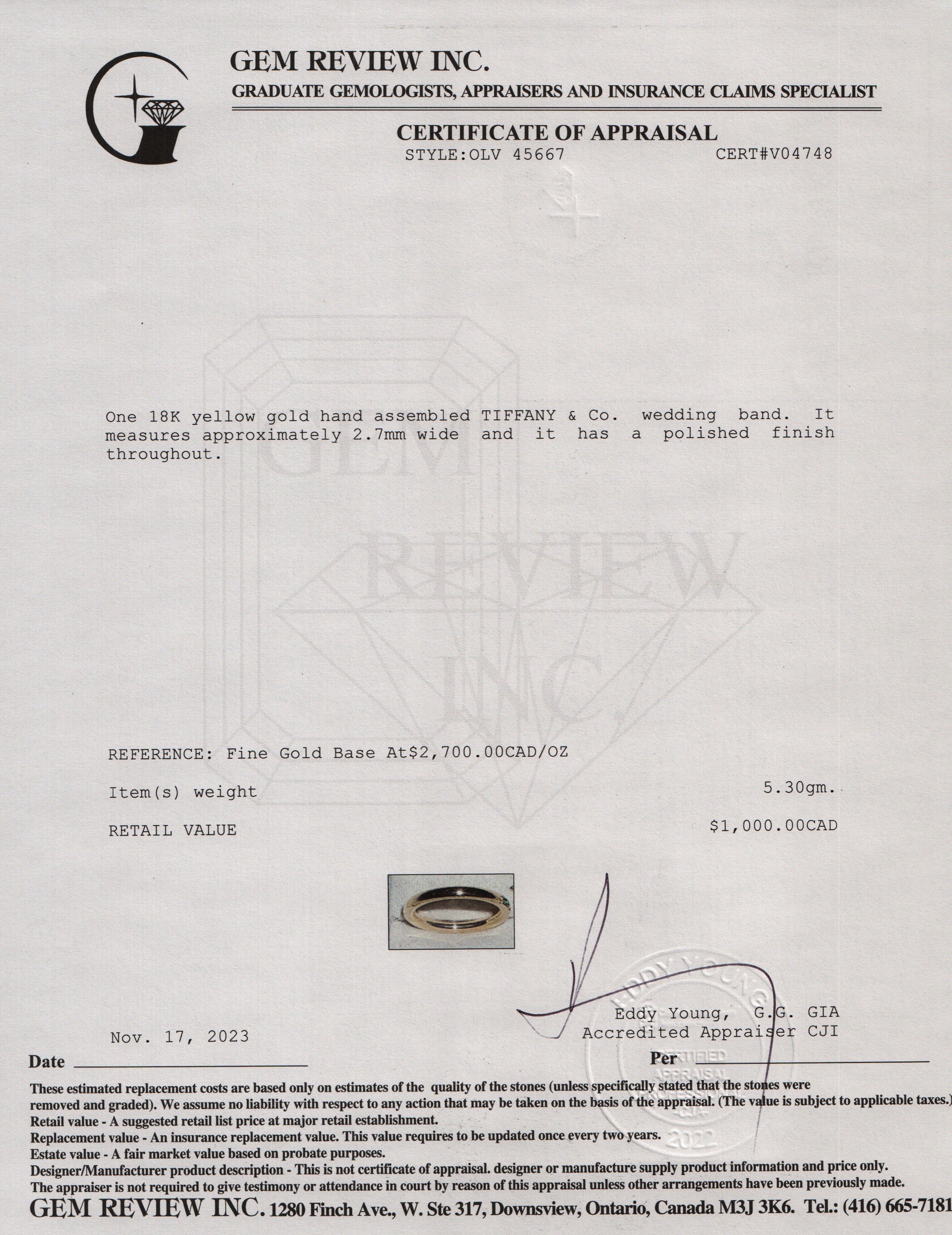 Tiffany & Co. 18k Yellow Gold 2.7MM Wedding Band Ring, Size 7