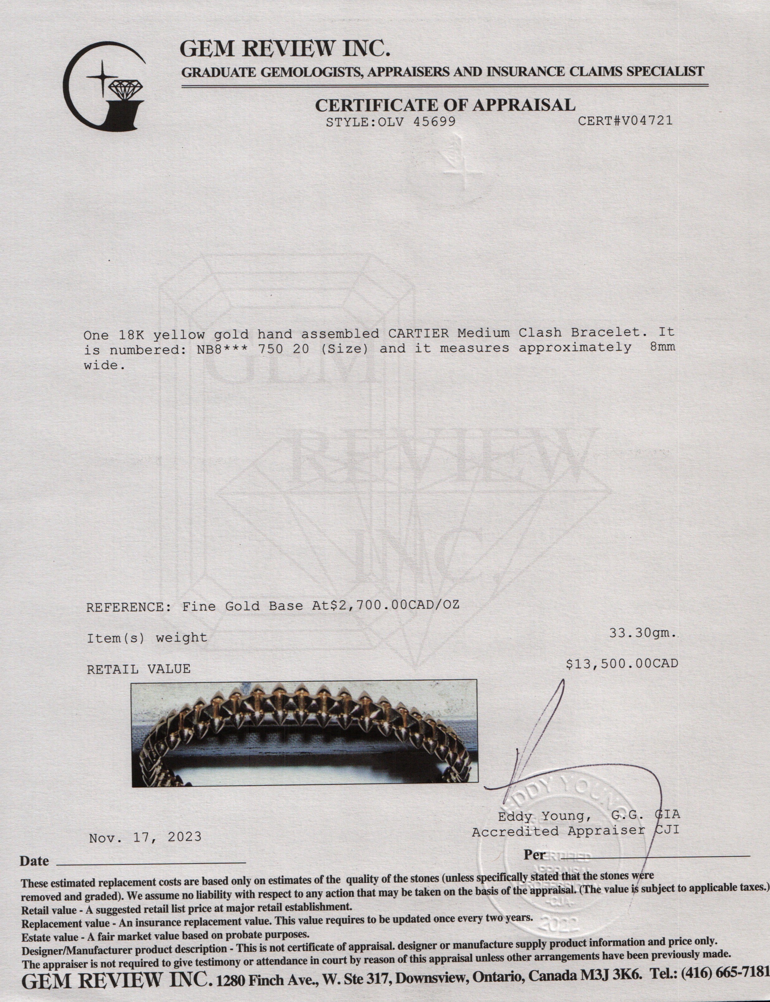 Cartier 18k Yellow Gold Medium Clash Bracelet, 8 MM Size 20