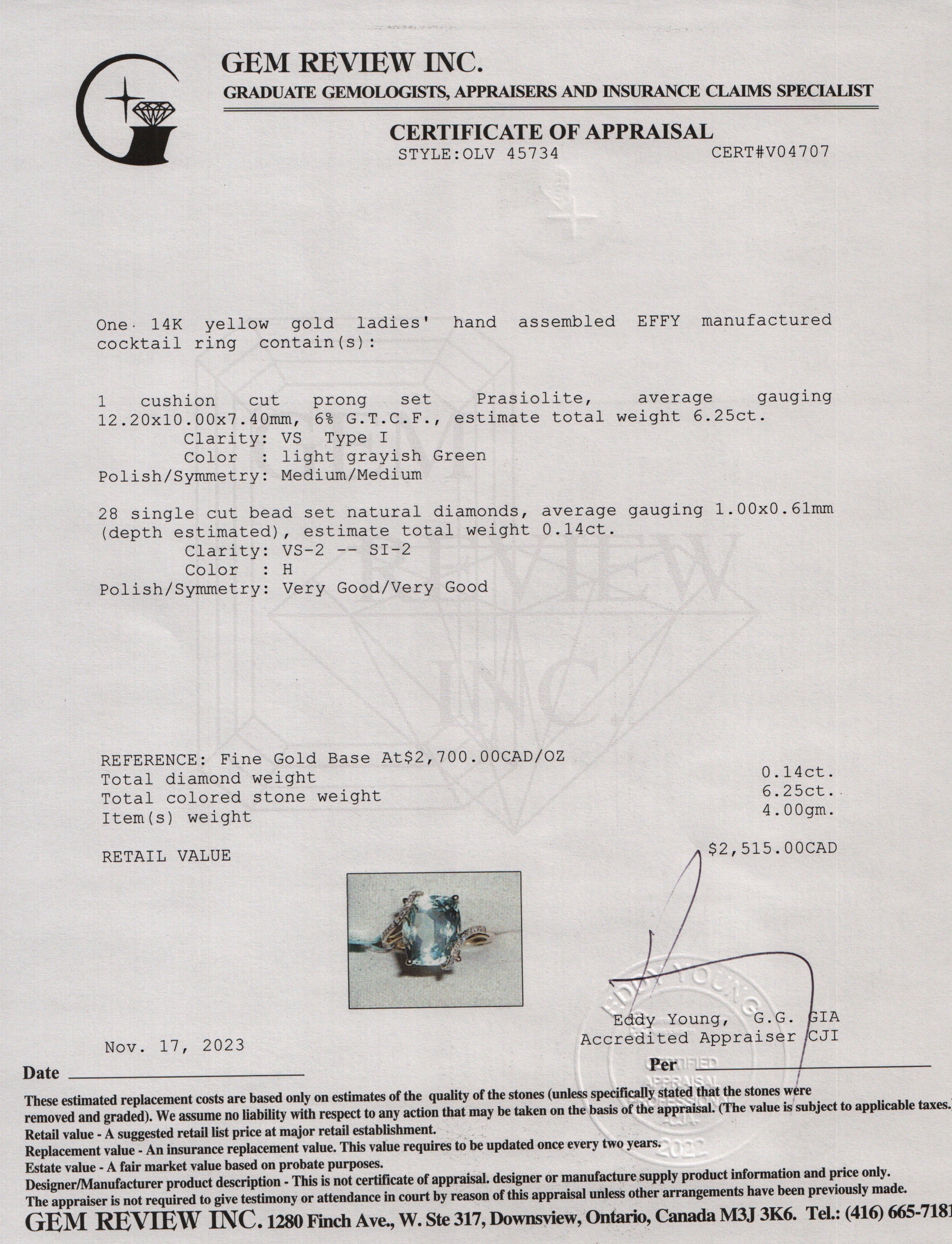 Effy 14k Yellow Gold Prasiolite & Diamond Cocktail Ring, Size 7