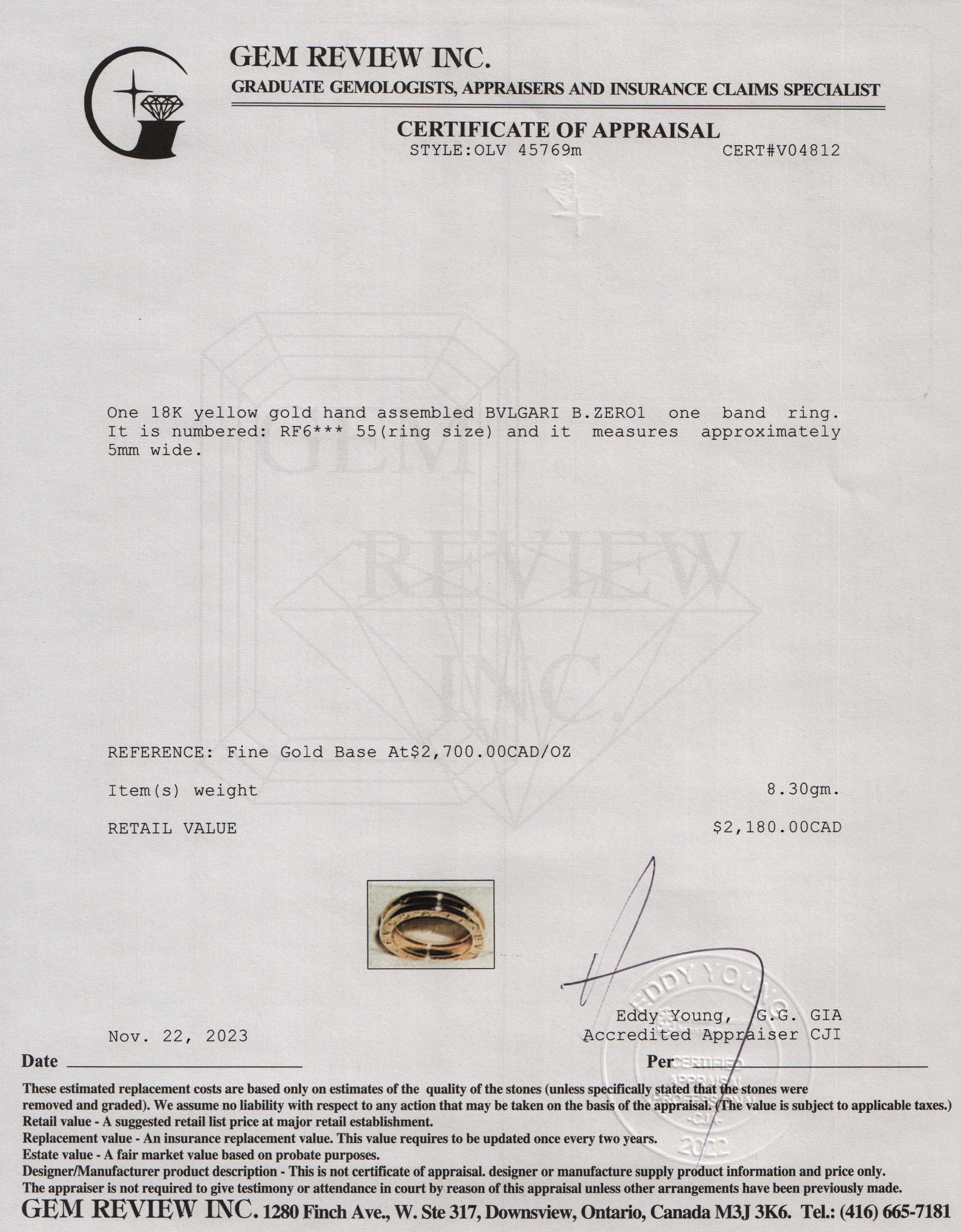 BVLGARI 18k Yellow Gold B.Zero1 1-Band Ring, Size 55 7.25 w/ Box & Certificate