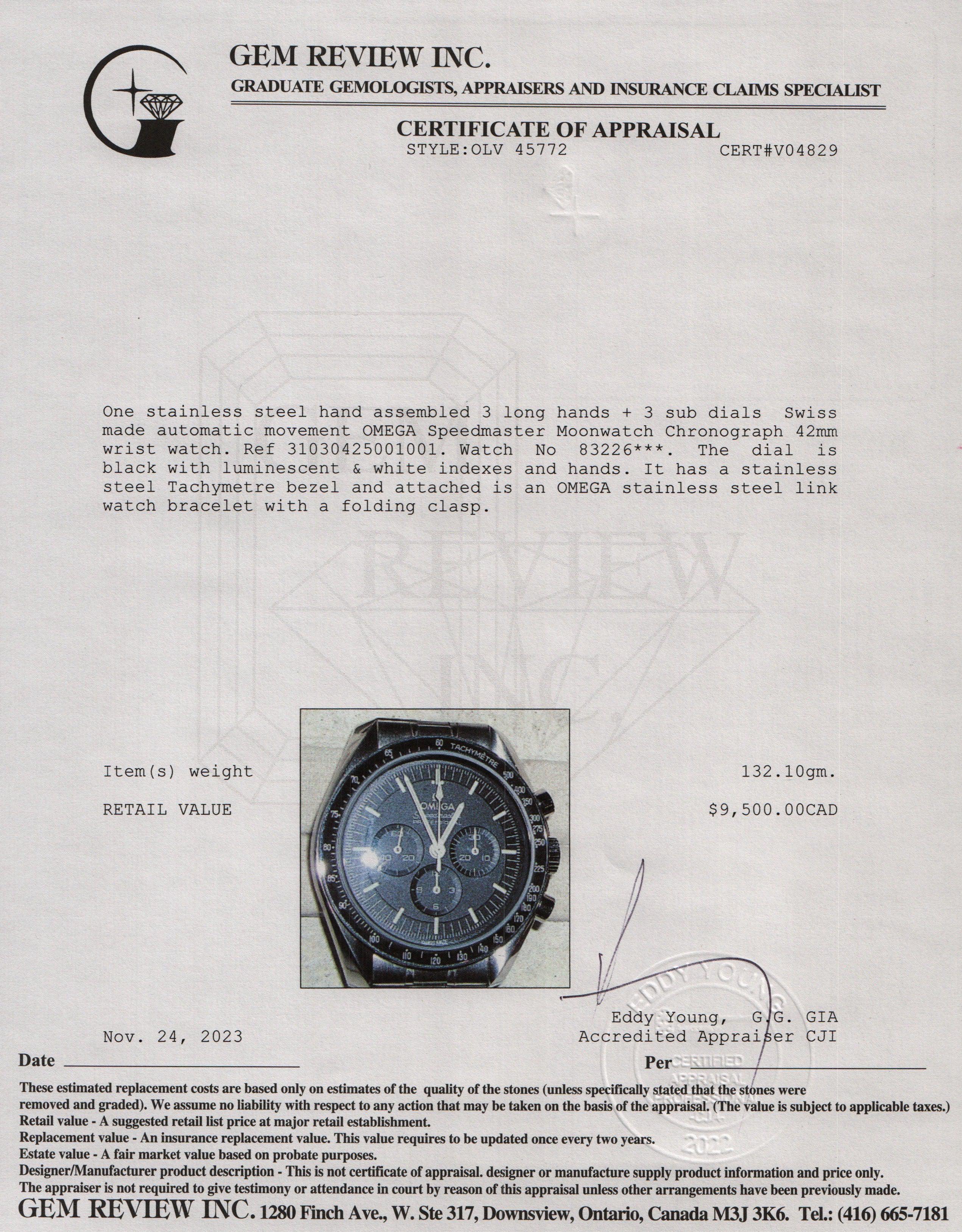 Omega Stainless Steel Speedmaster Moonwatch Professional Co-Axial Master Chronometer 42MM Chronograph Watch w/ Box & Papers