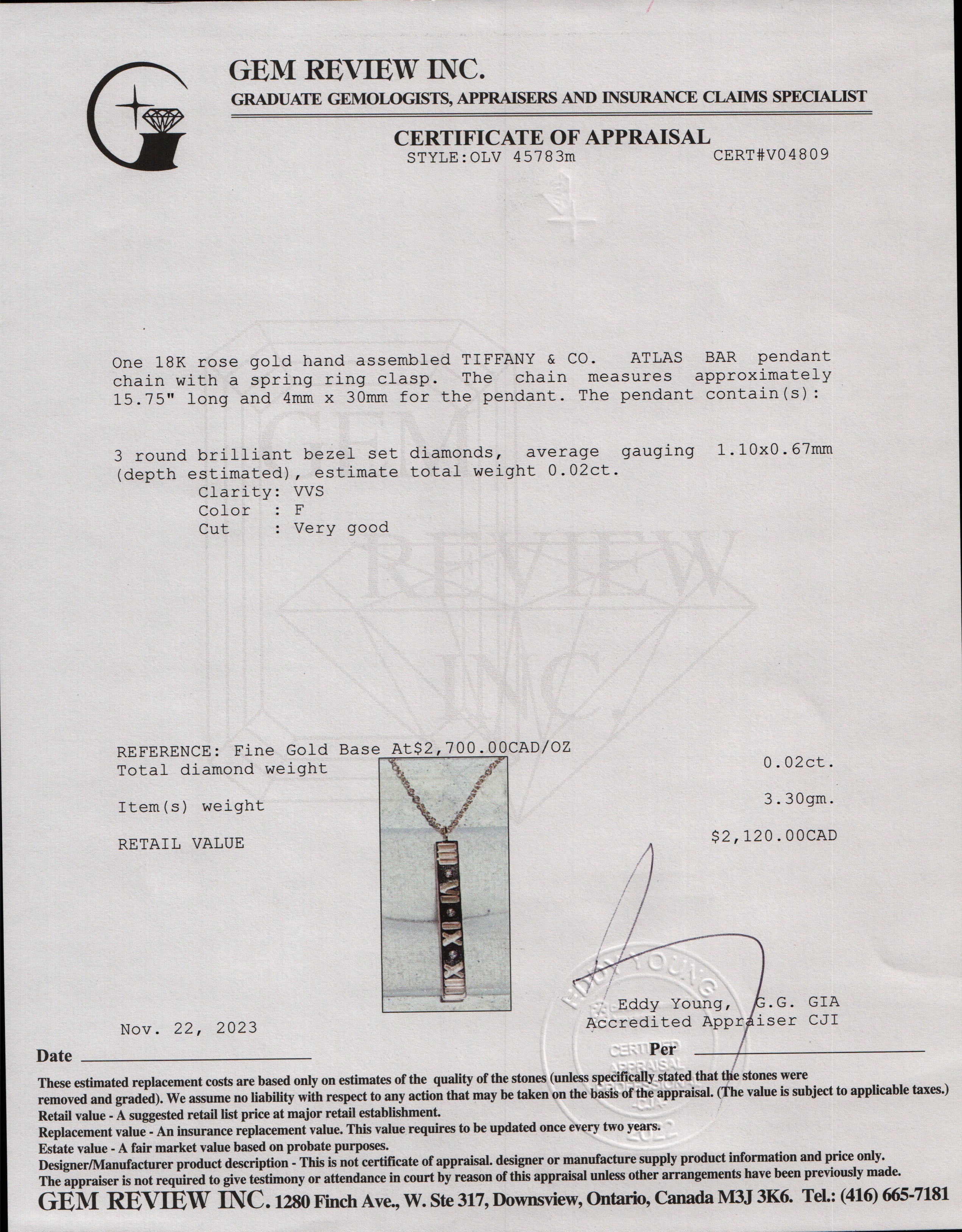 Tiffany & Co. 18k Rose Gold Diamond Atlas Bar Pendant Necklace