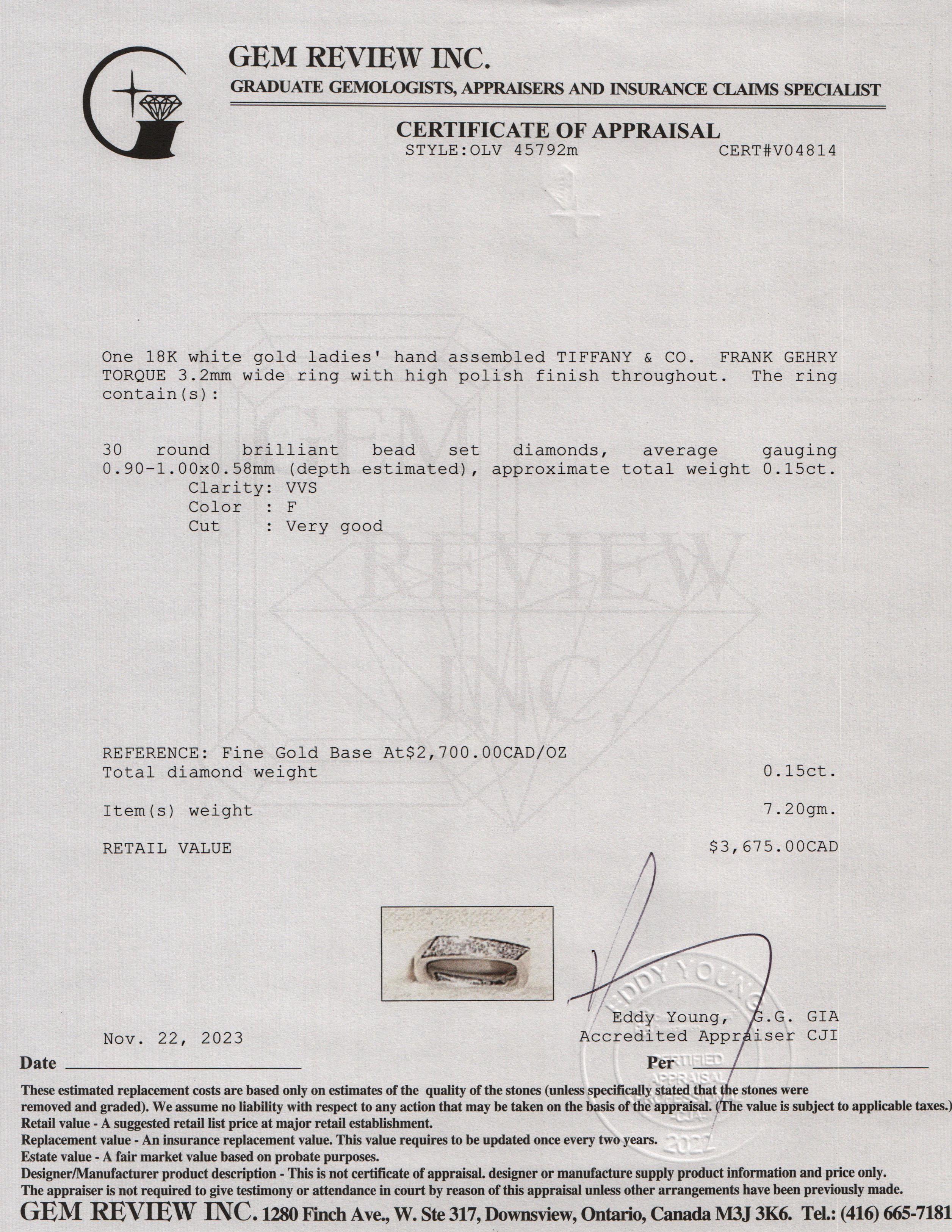 Tiffany & Co. Frank Gehry 18k White Gold Diamond Torque Ring, Size 9