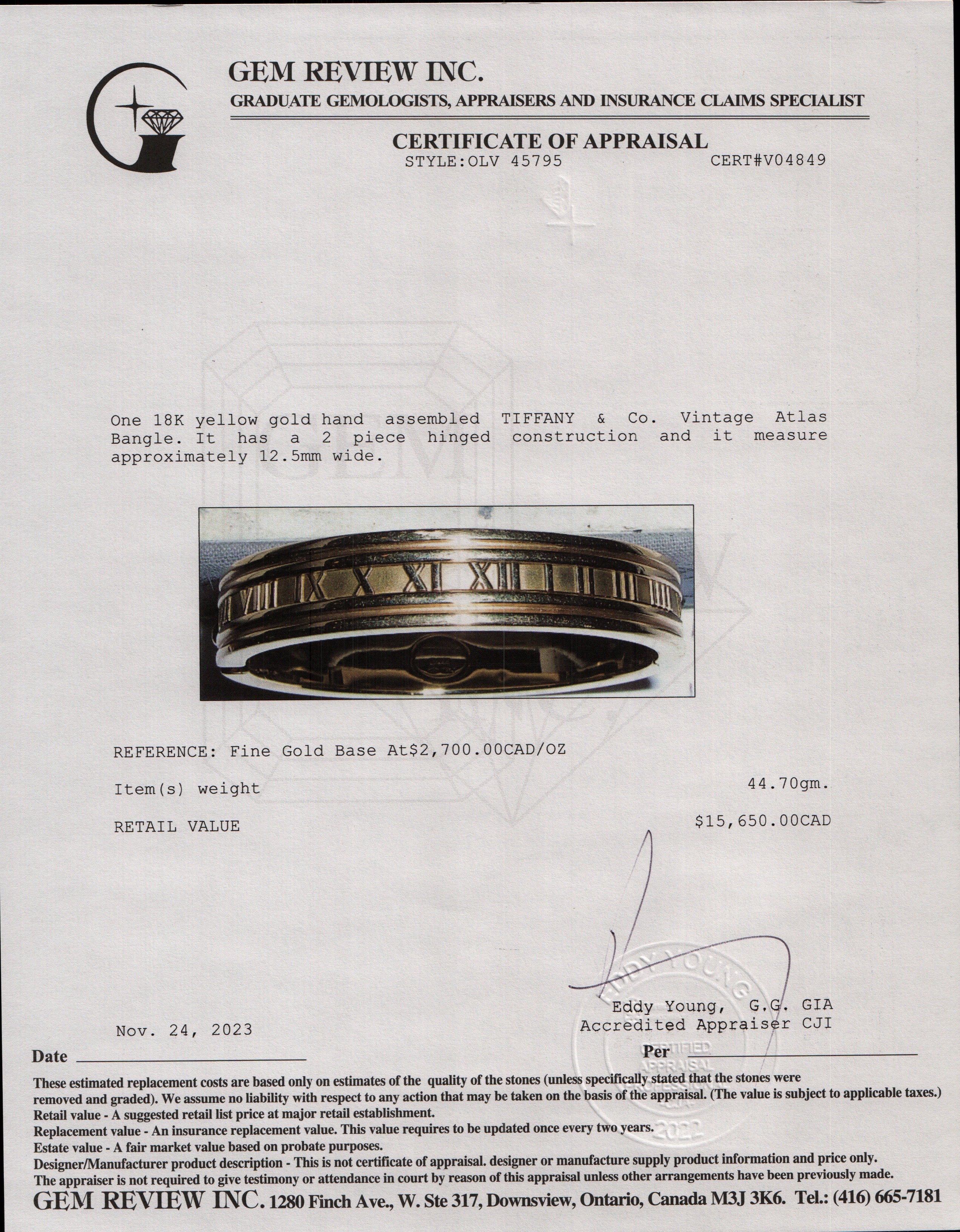 Tiffany & Co. Vintage 18k Yellow Gold Atlas Bangle