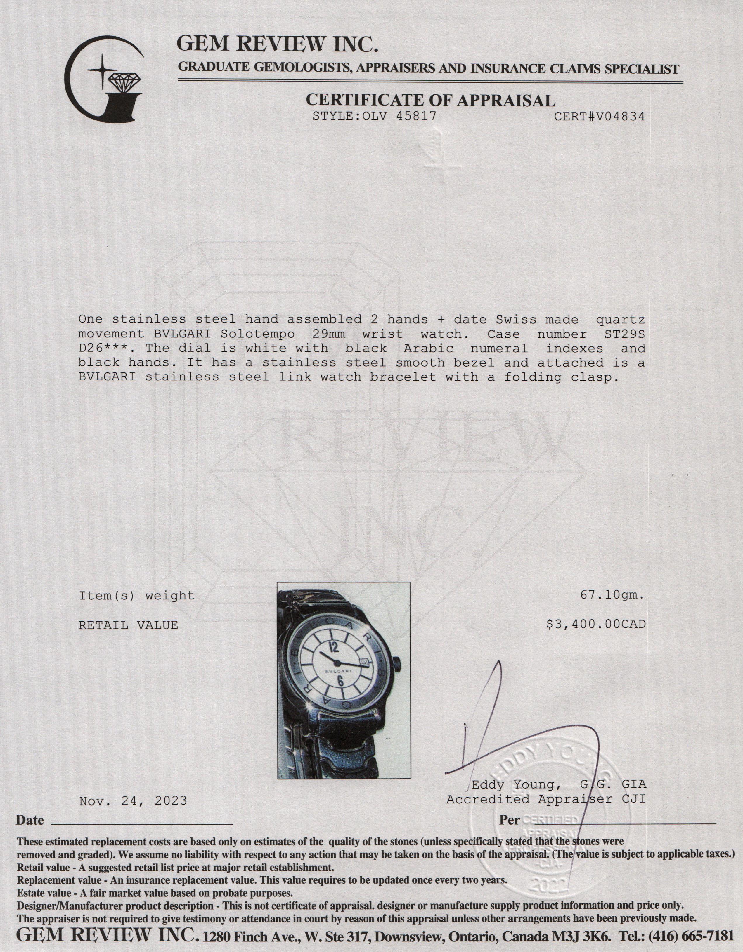 BVLGARI Stainless Steel Solotempo 29 MM Watch w/ Box