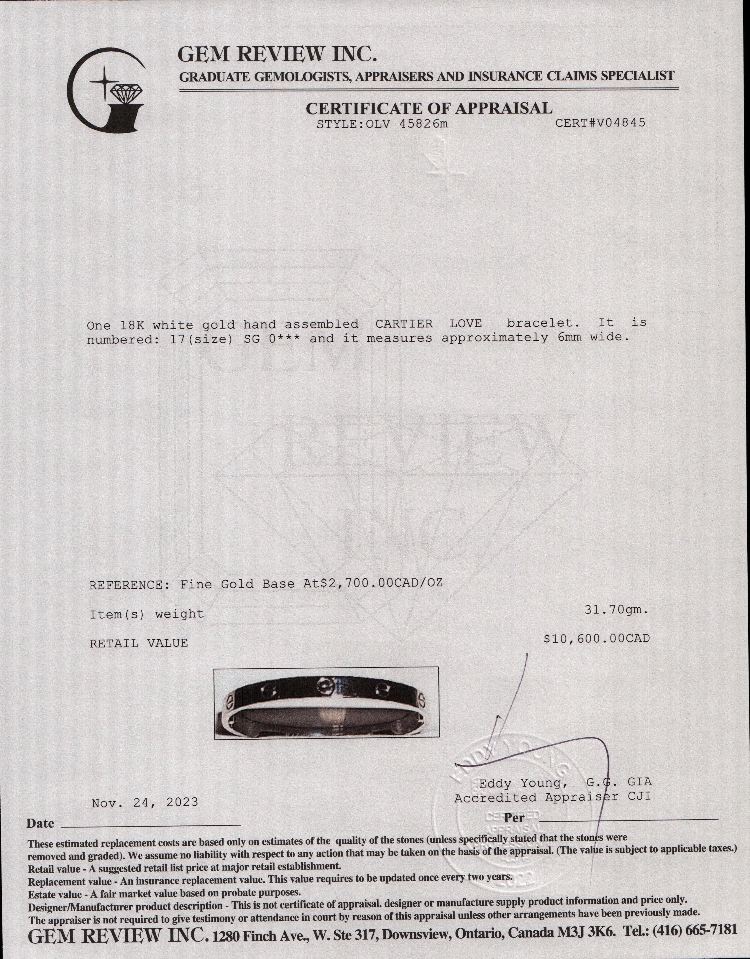 Cartier 18k White Gold Love Bracelet, Size 17