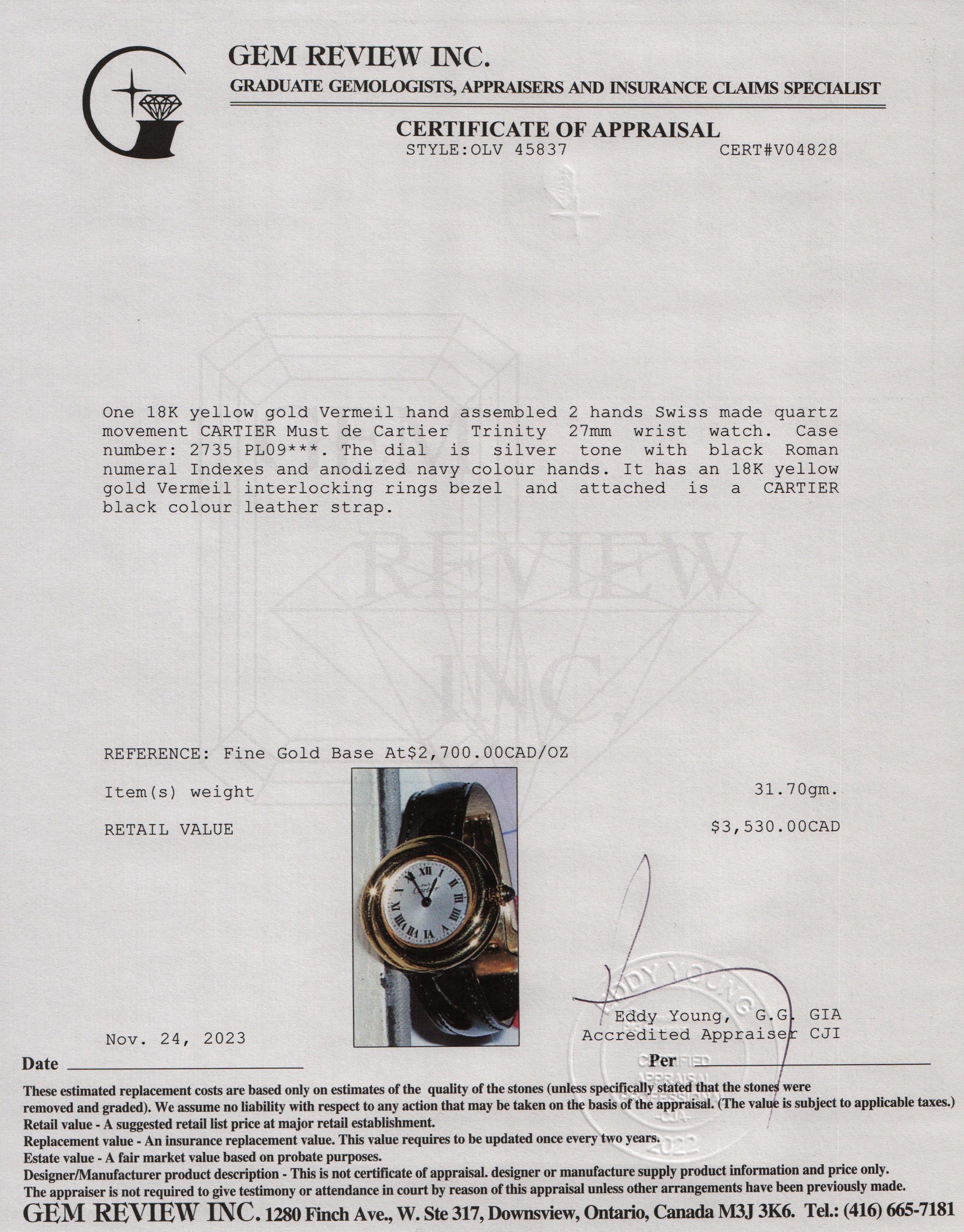 Cartier 18k Gold Vermeil Must De Cartier Trinity 27MM Watch w/ Box & Papers