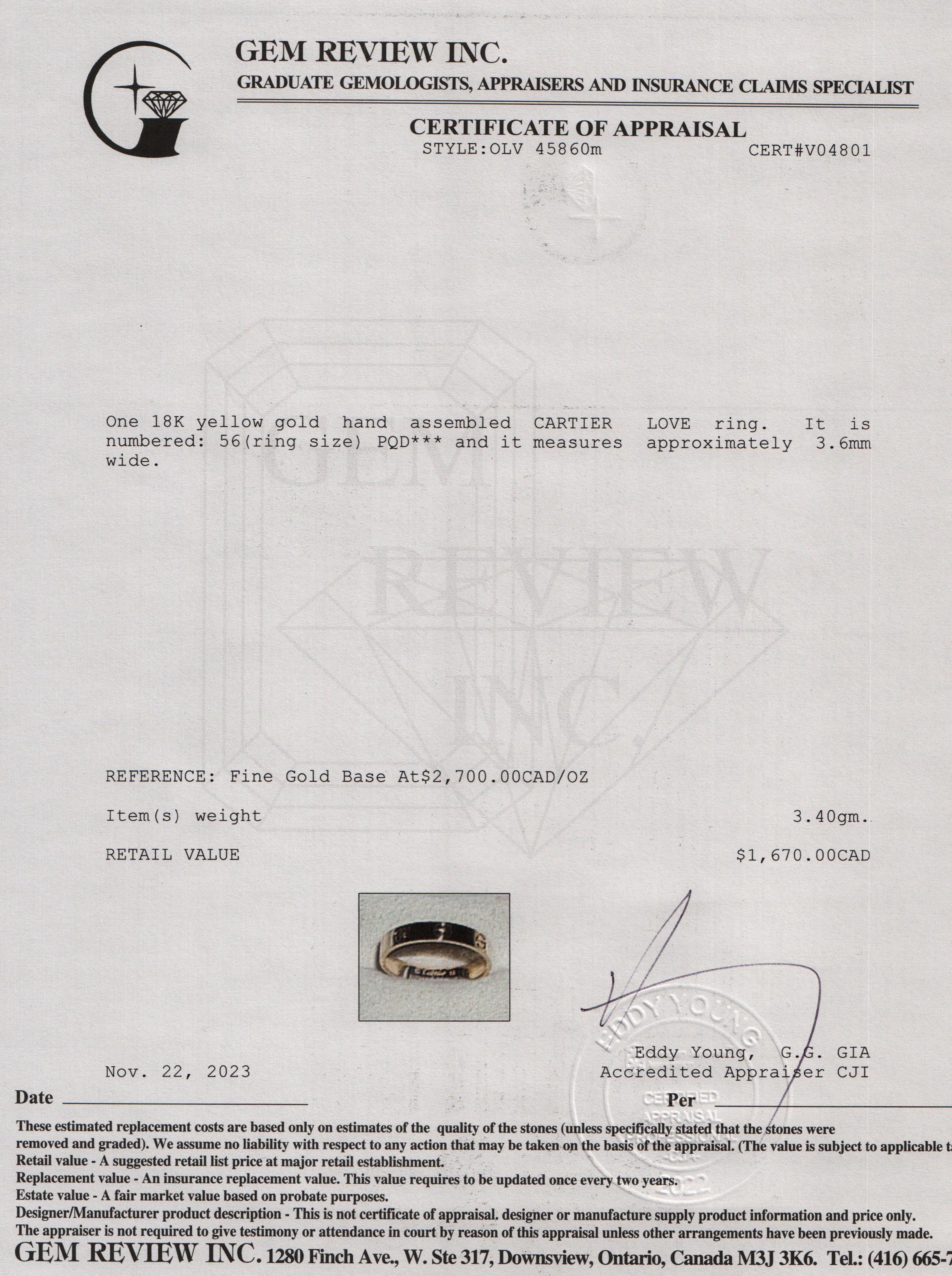 Cartier 18k Yellow Gold 3.6 mm Love Wedding Band Ring, Size 56 7.75 w/ Box & Certificate
