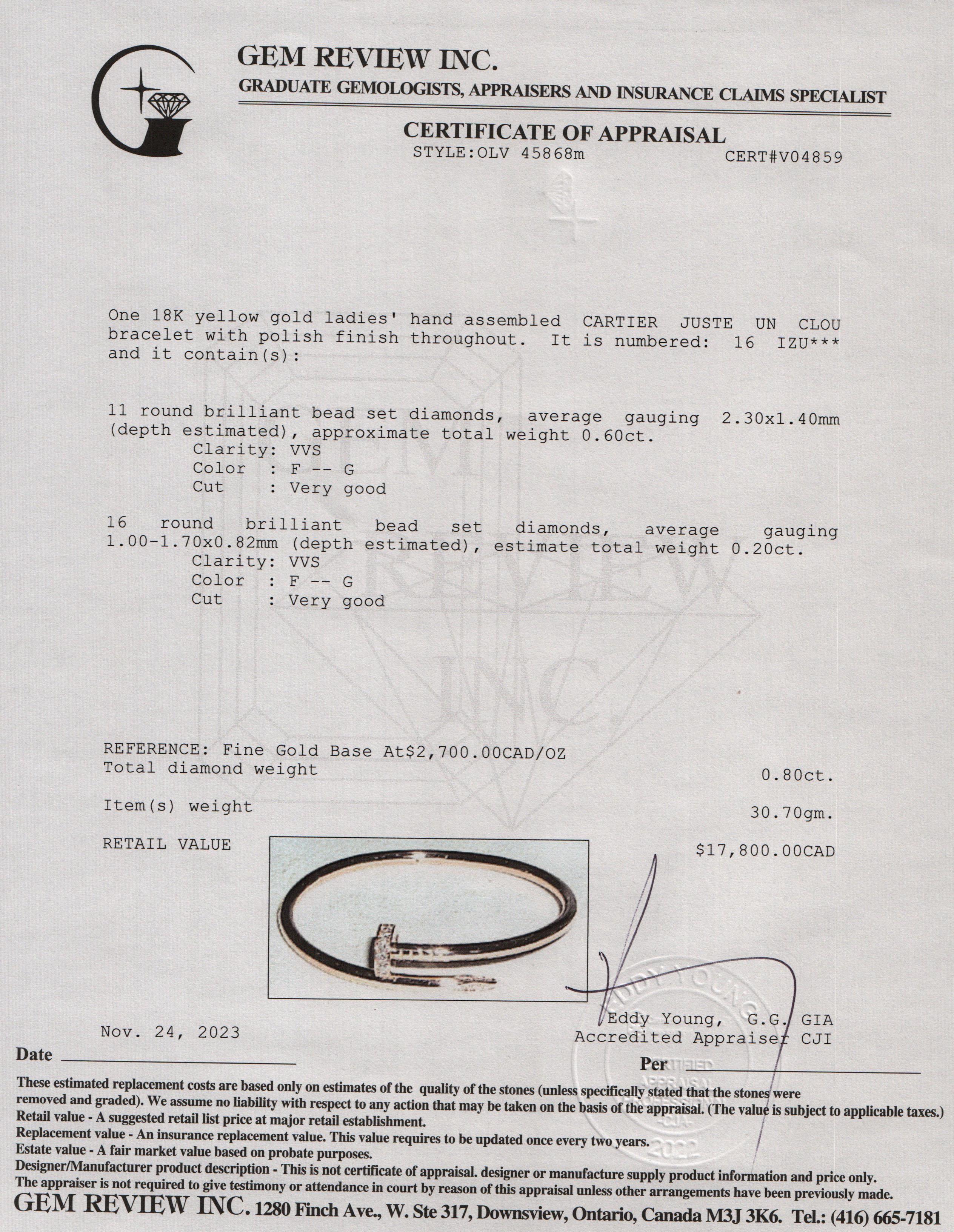 Cartier 18k Yellow Gold Juste Un Clou Diamond Bracelet, Size 16 w/ Box, Certificate & Receipt