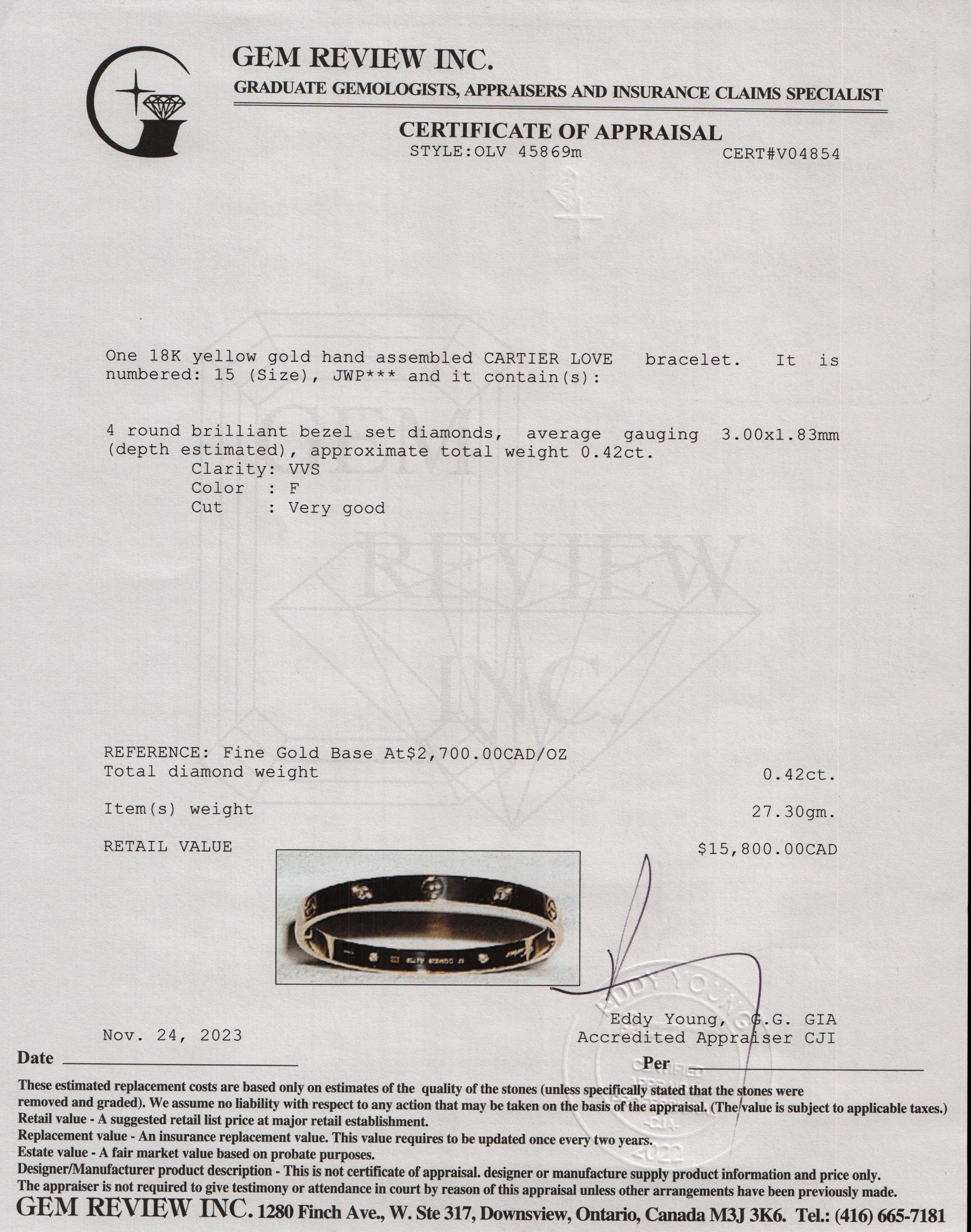 Cartier 18k Yellow Gold Love Bracelet with 4 Diamonds, Size 15