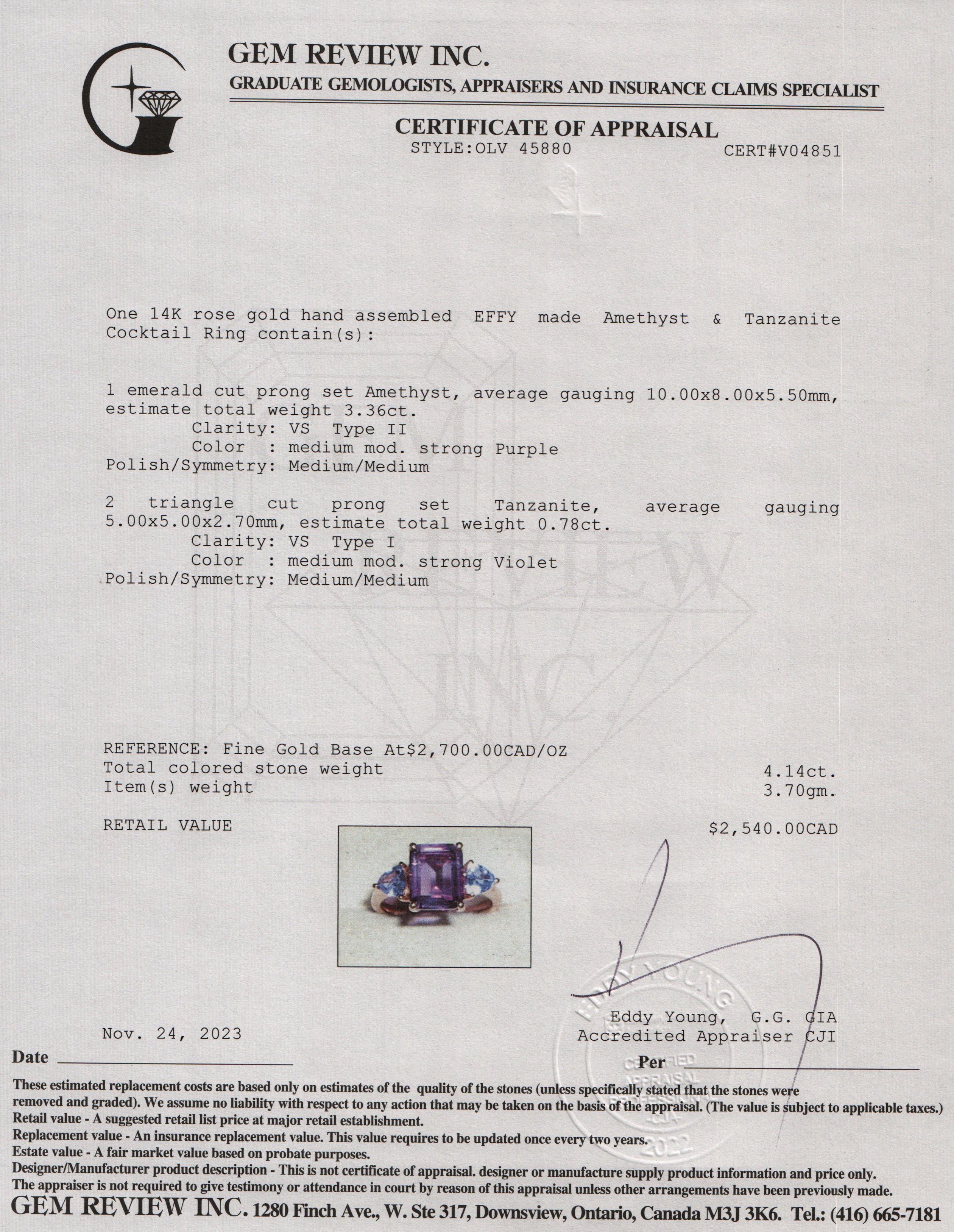 Effy 14k Rose Gold Amethyst & Tanzanite Cocktail Ring, Size 7