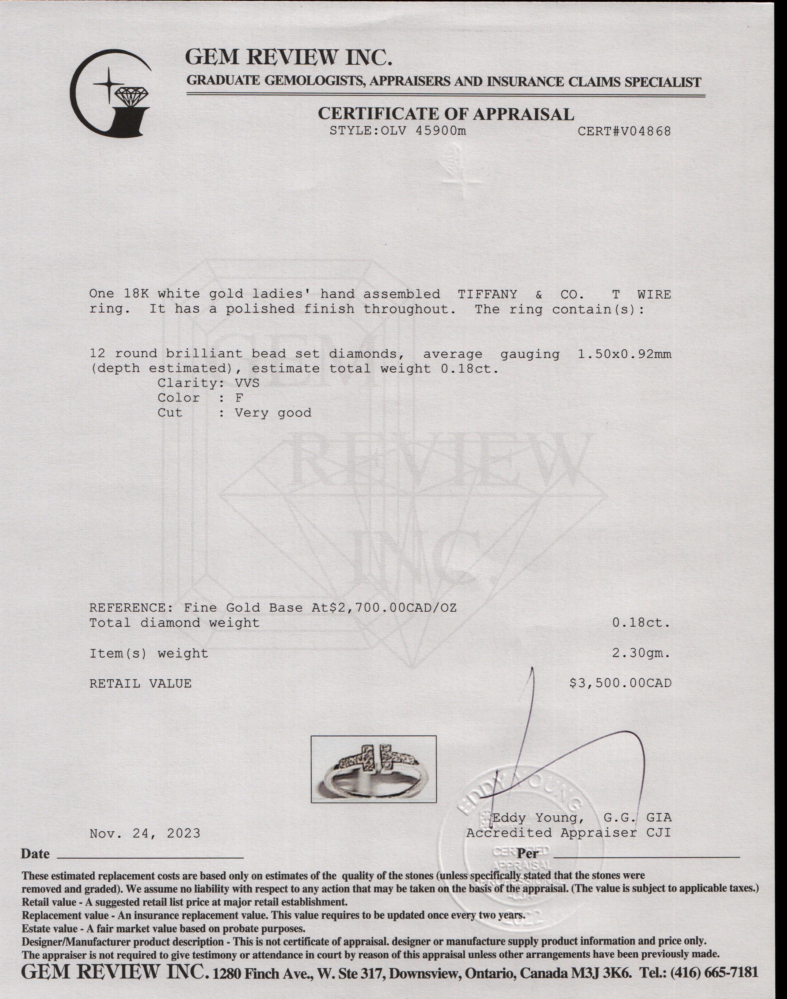 Tiffany & Co. 18k White Gold Diamond T Wire Ring, Size 6