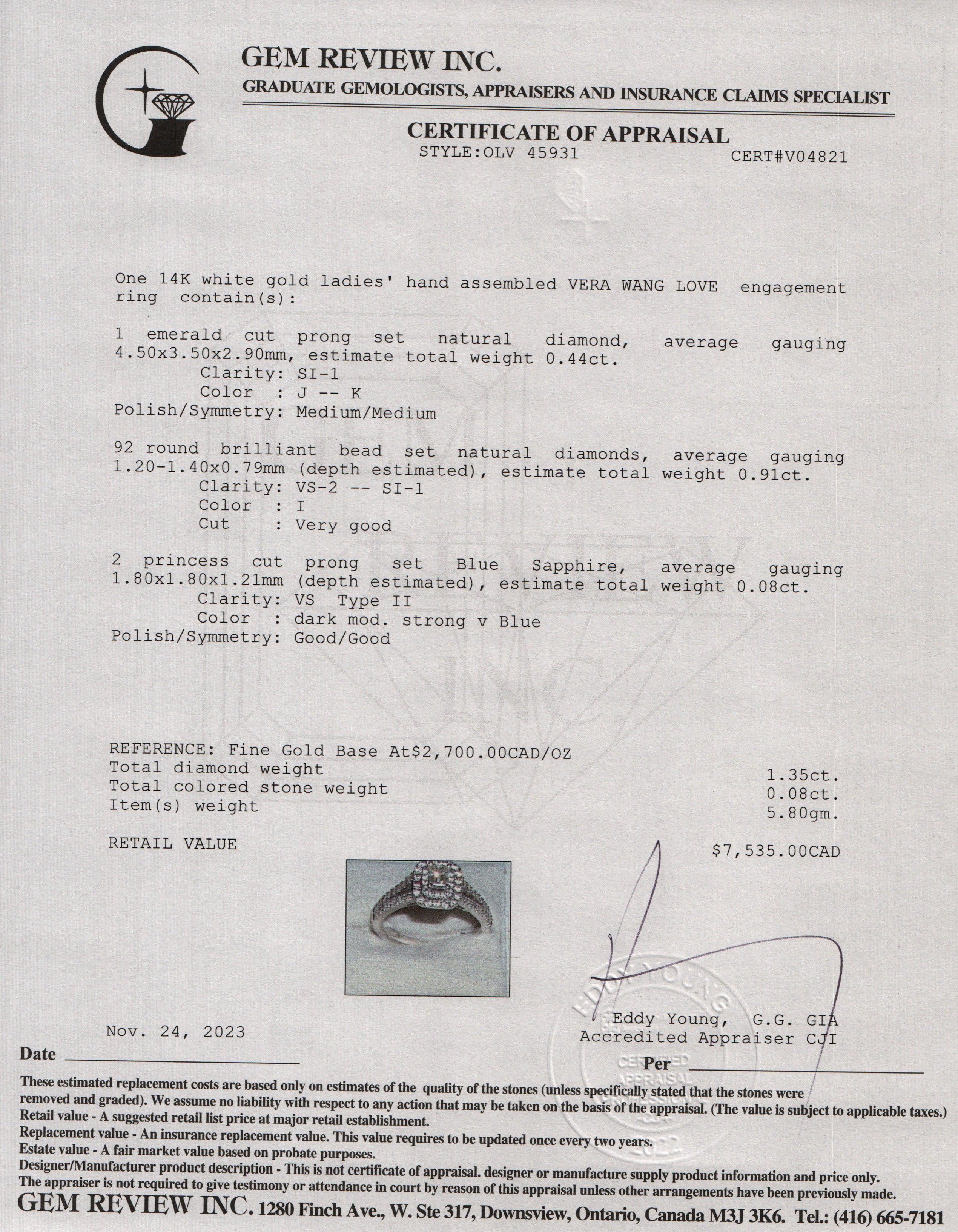 Vera Wang 14k White Gold Love Emerald Cut Diamond Engagement Ring, Size 8.75